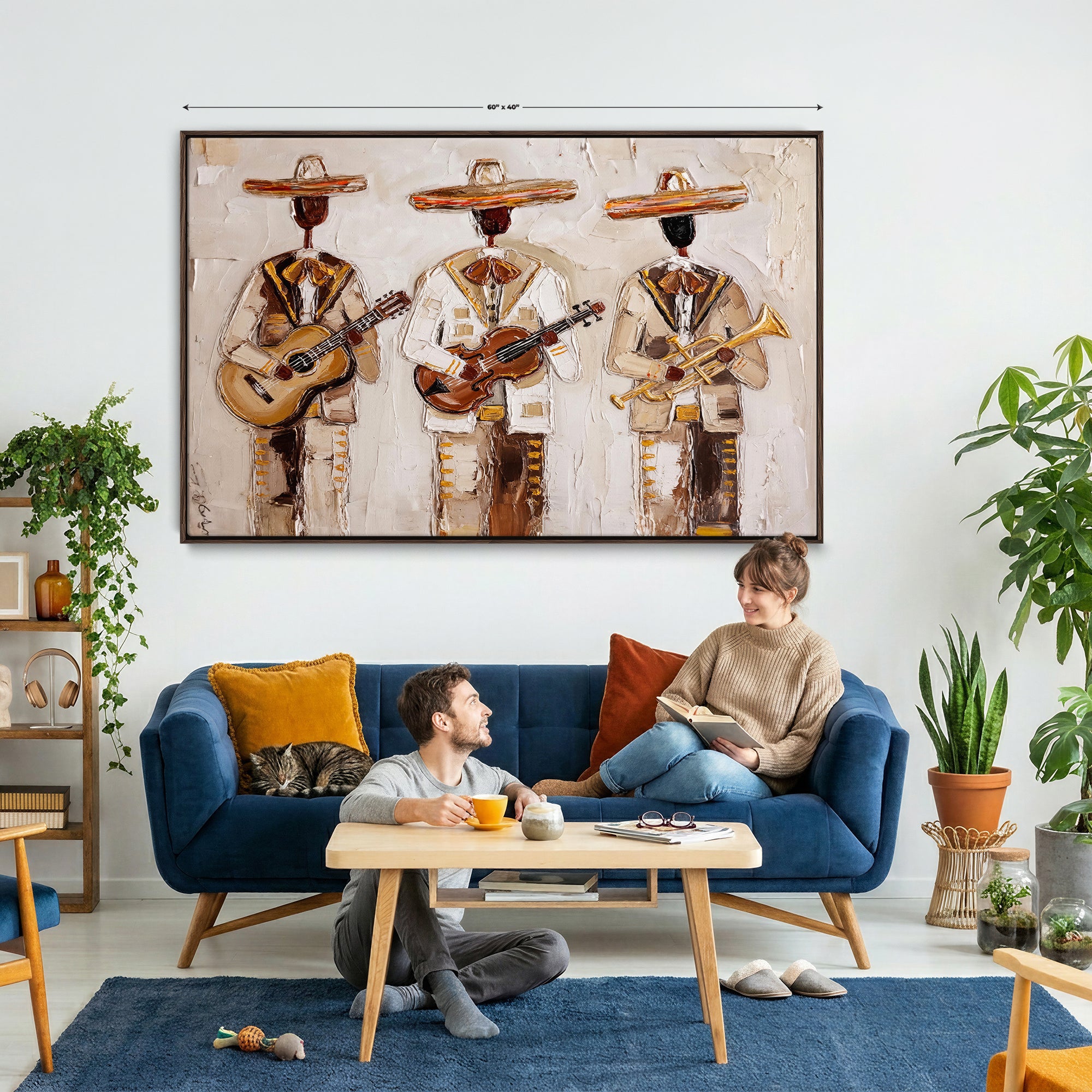 94602487-MGV-CV-36X24 - Mariachi Band Canvas Wall Art, Mexican Music Guitar Violin Trumpet Painting, Neutral Impasto Folk Art, Southwestern Boho Living Room Decor