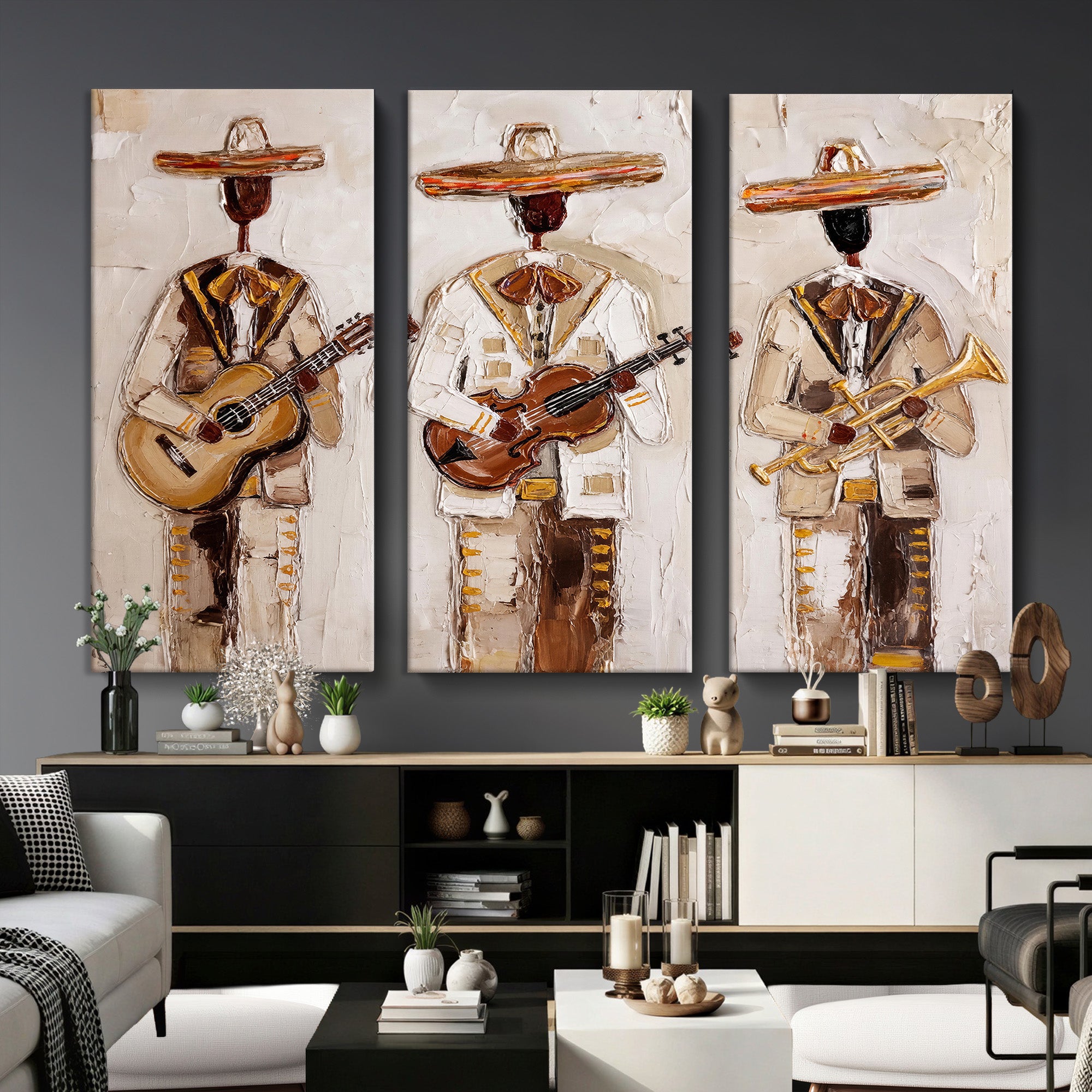 94602487-MGV-CV-36X24 - Mariachi Band Canvas Wall Art, Mexican Music Guitar Violin Trumpet Painting, Neutral Impasto Folk Art, Southwestern Boho Living Room Decor
