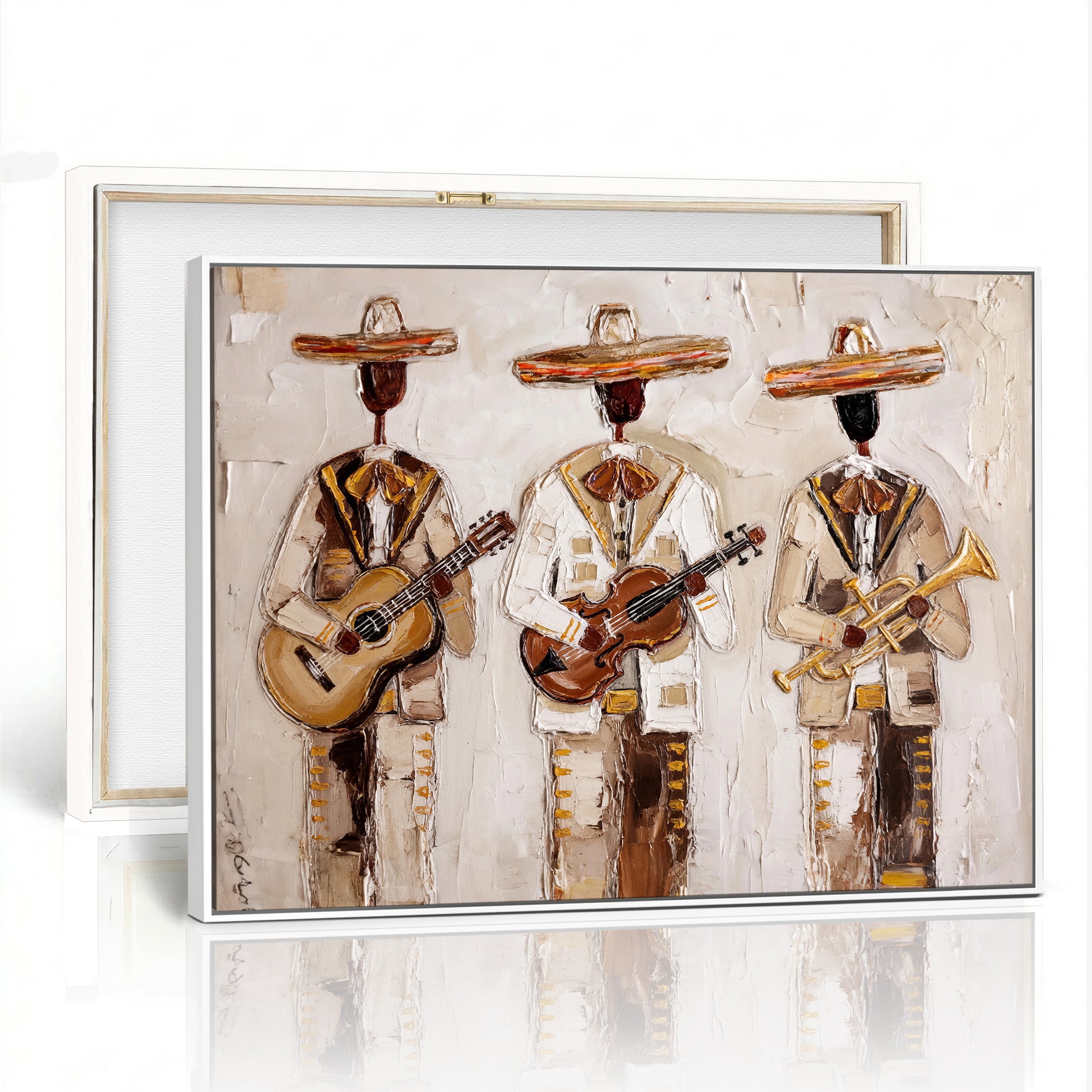 94602487-MGV-CV-36X24 - Mariachi Band Canvas Wall Art, Mexican Music Guitar Violin Trumpet Painting, Neutral Impasto Folk Art, Southwestern Boho Living Room Decor