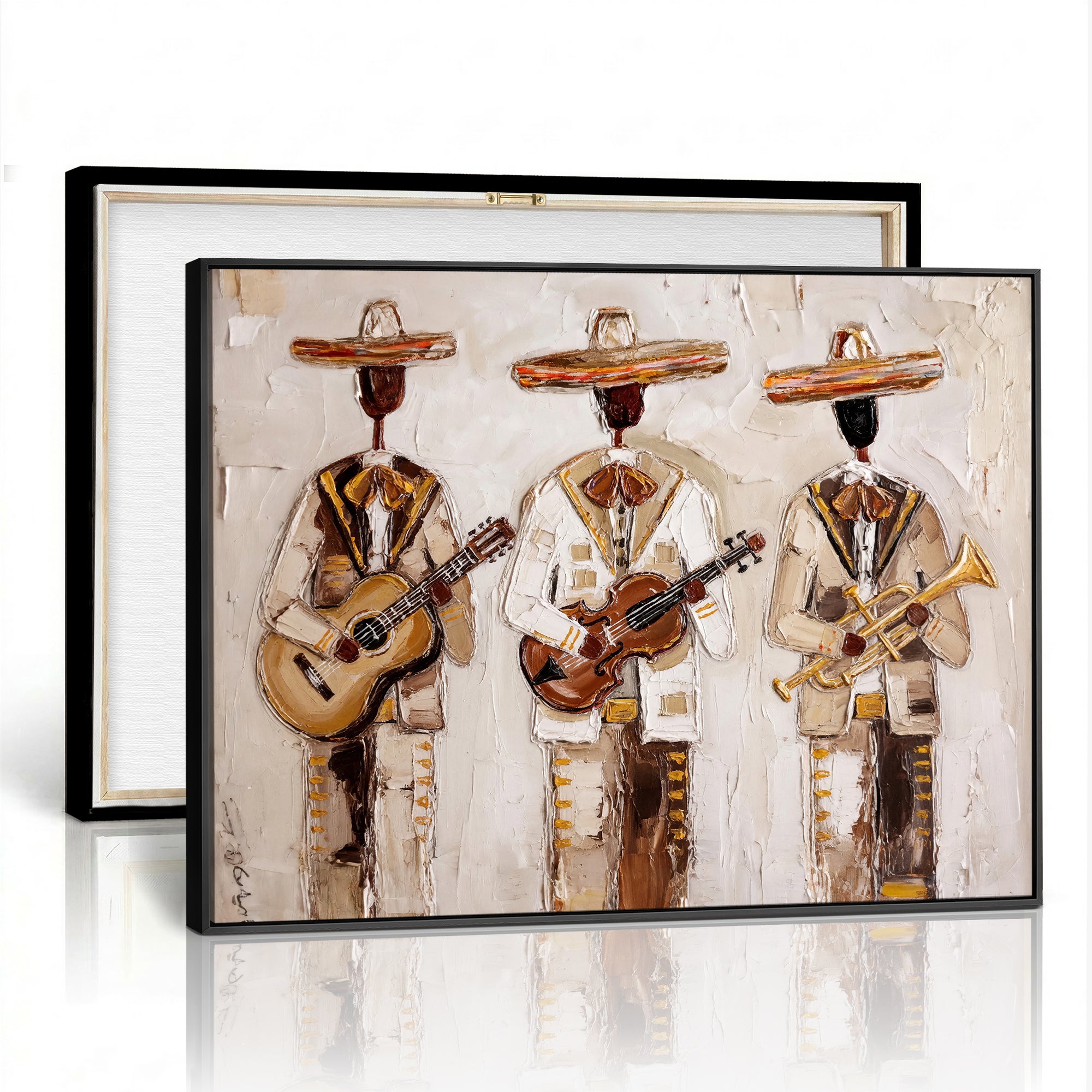 94602487-MGV-CV-36X24 - Mariachi Band Canvas Wall Art, Mexican Music Guitar Violin Trumpet Painting, Neutral Impasto Folk Art, Southwestern Boho Living Room Decor