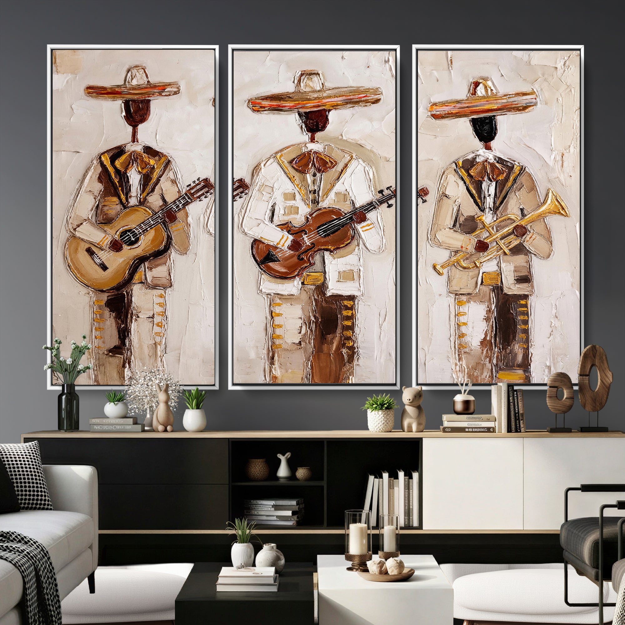 94602487-MGV-CV-36X24 - Mariachi Band Canvas Wall Art, Mexican Music Guitar Violin Trumpet Painting, Neutral Impasto Folk Art, Southwestern Boho Living Room Decor