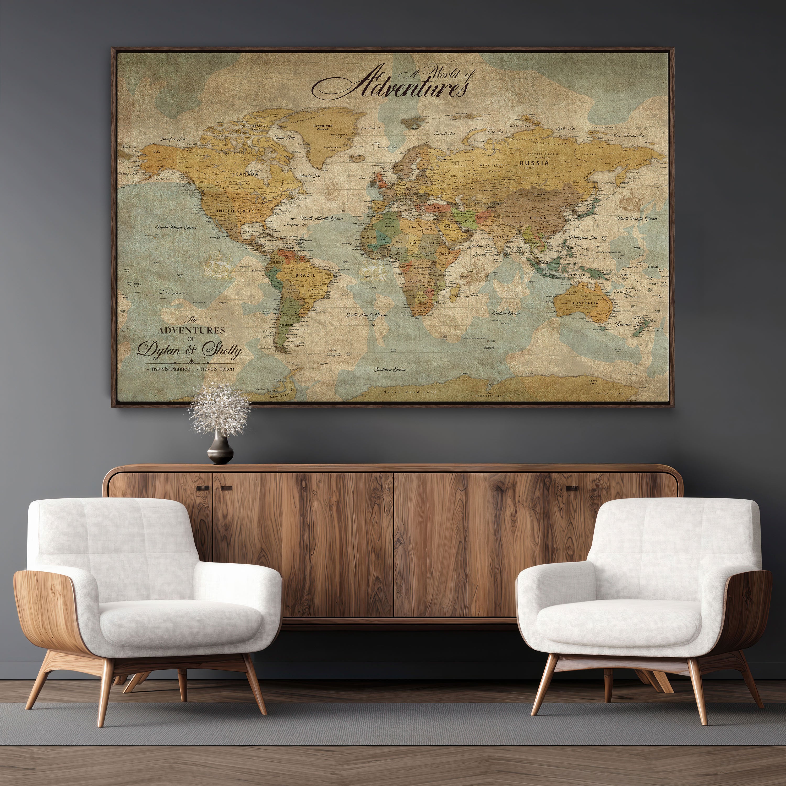 Rehber01-MGV-CV-36X24-Customizable Framed World Map Canvas Print – Personalized Push Pin Travel Map Gift for Couples Explorers for Home, Office