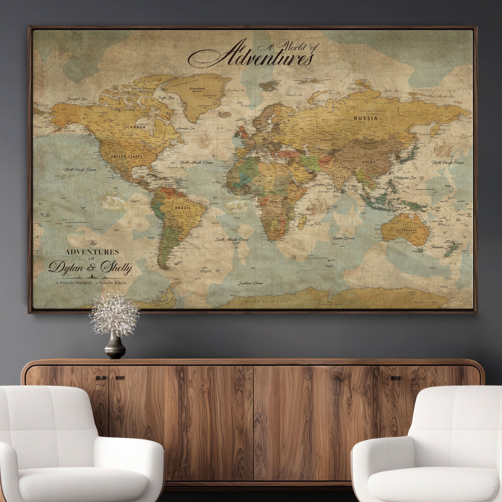Rehber01-MGV-CV-36X24-Customizable Framed World Map Canvas Print – Personalized Push Pin Travel Map Gift for Couples Explorers for Home, Office