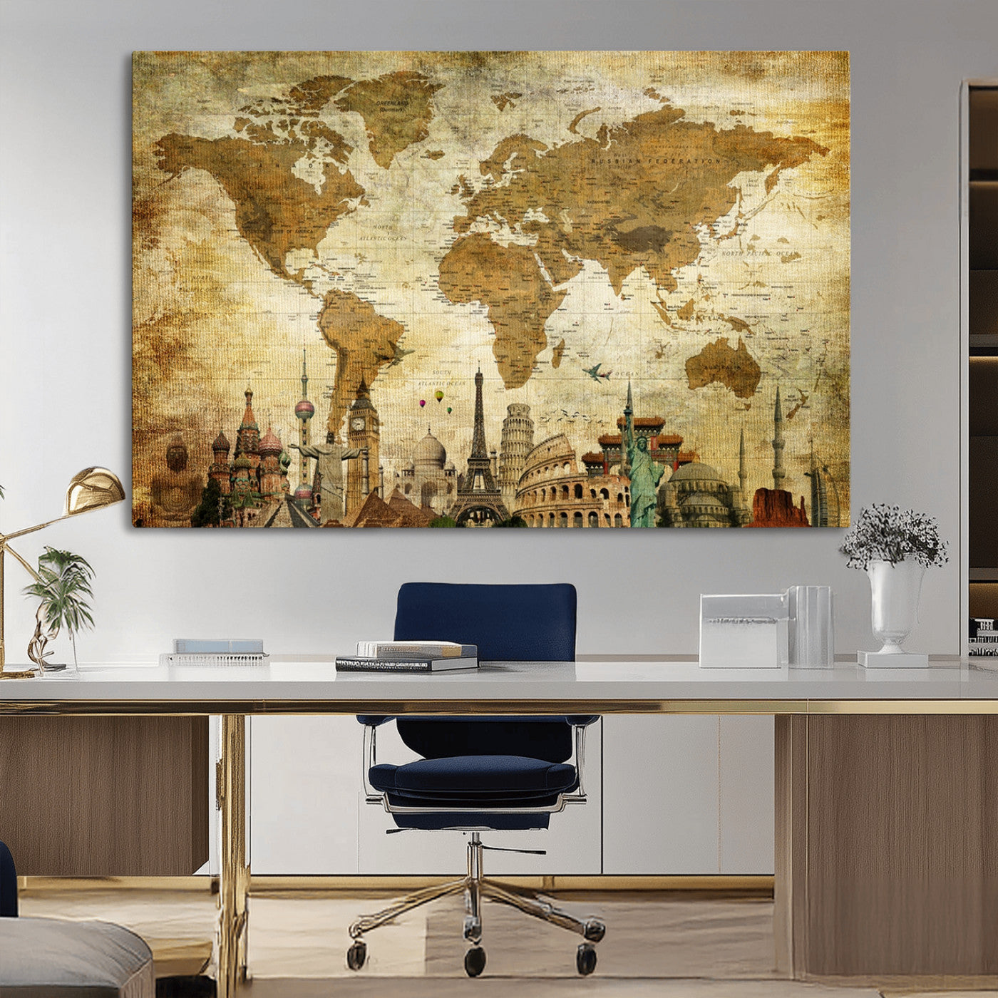 97849-MGV-CV-36X24-Vintage World Map Canvas Wall Art – Framed Push Pin Travel Map with Famous Landmarks, Rustic Home and Office Decor Artwork for Travelers