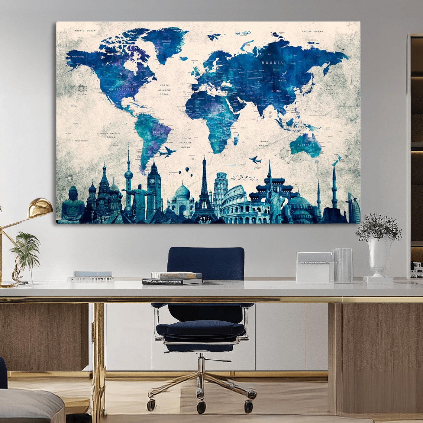 13588-MGV-CV-36X24-Navy Blue World Map Canvas Print – Framed Push Pin Travel Map Wall Art, Elegant Adventure Decor for Home or Office