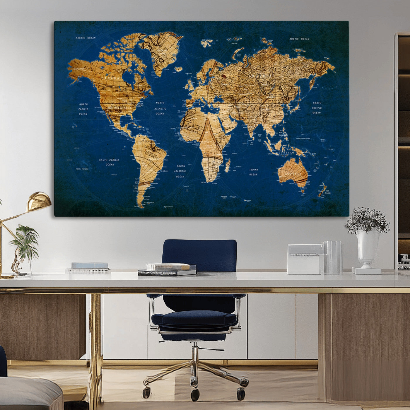 50845-MGV-CV-36X24-Navy Blue and Gold World Map Canvas Print – Framed Luxury Push Pin Wall Art, Elegant Vintage Travel Map Decor for Home or Office