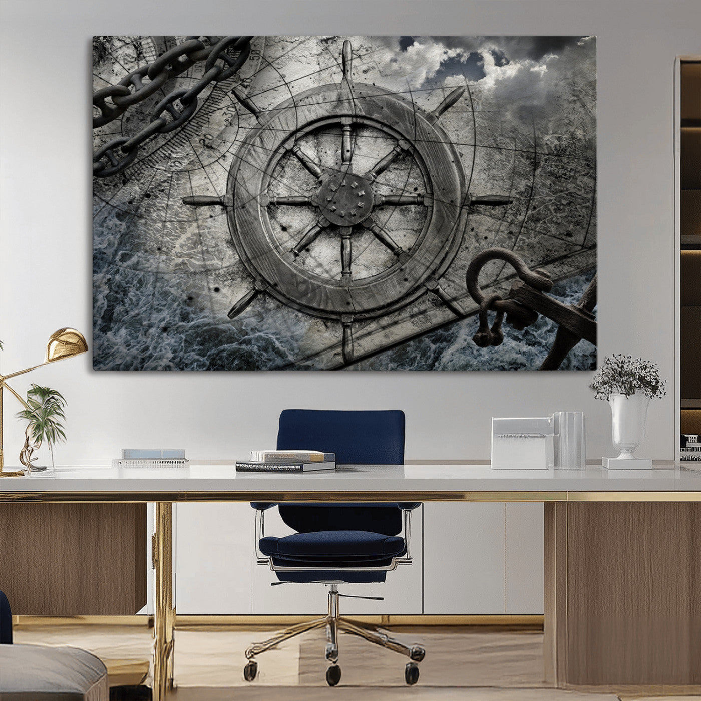 -Ship Steering Wheel Vintage Wall Art Canvas Print