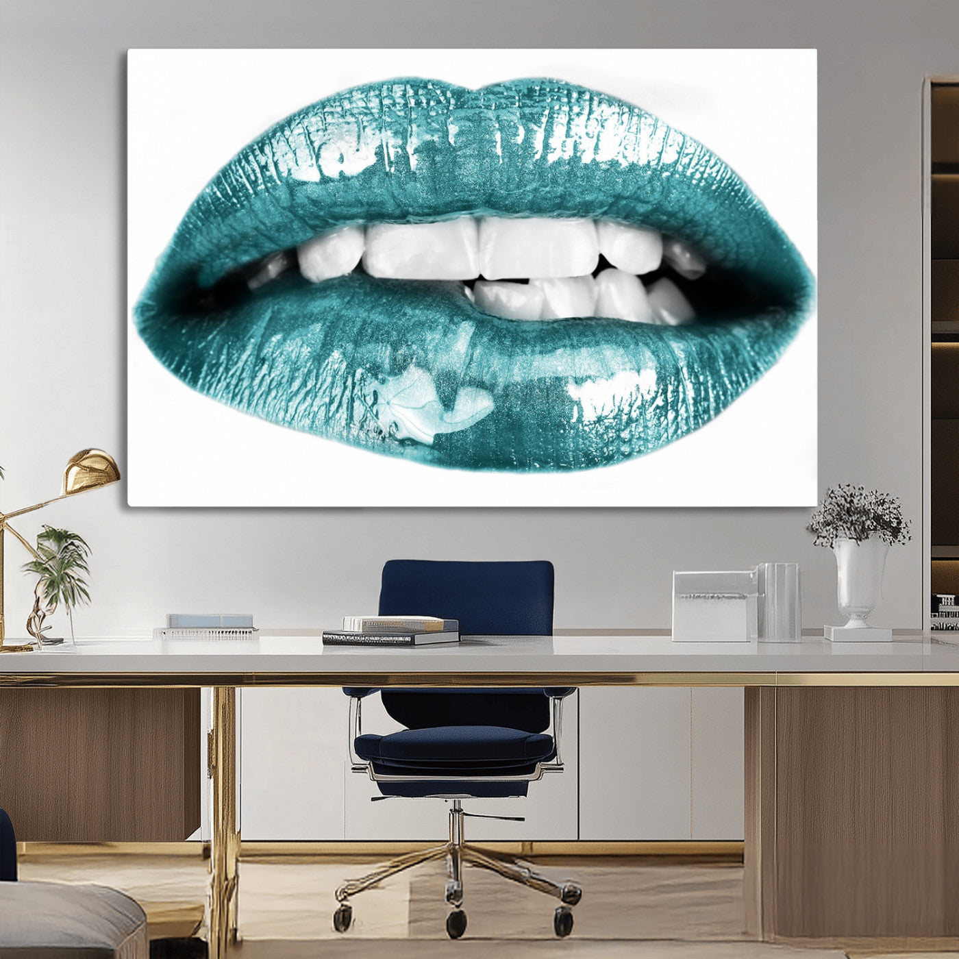 -Blue Lips Wall Art Canvas Print