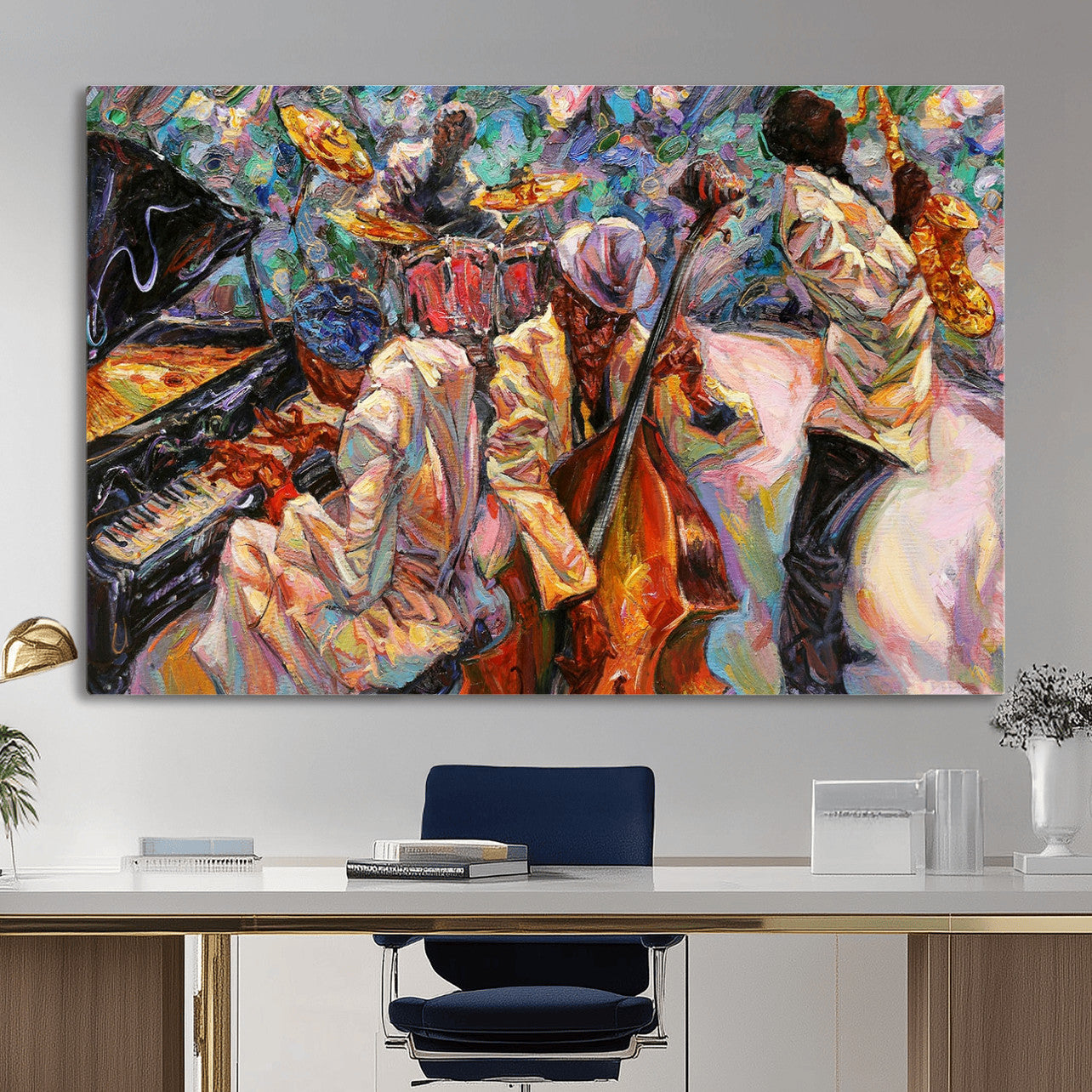 34929-MGV-CV-36X24 - African American Jazz Art Music Abstract Wall Art Painting Canvas Wall Art
