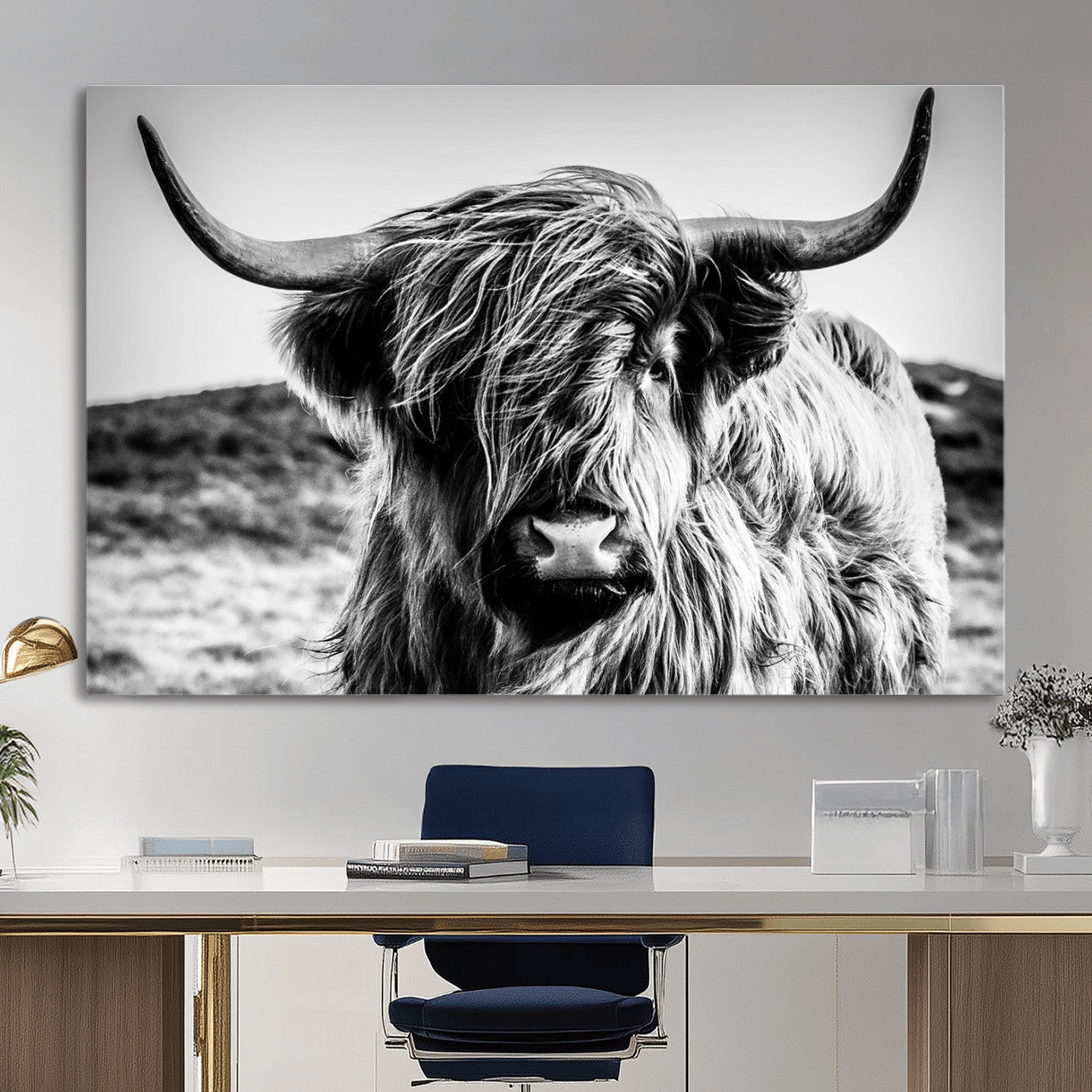 54309-MGV-CV-36X24 - Black and White Scottish Cow Canvas Wall Art Highland Cattle Canvas Print Framed Ready to Hang Original Cotton Canvas High Quality Image Multi Panel Wall Art Printable Artwork for Walls