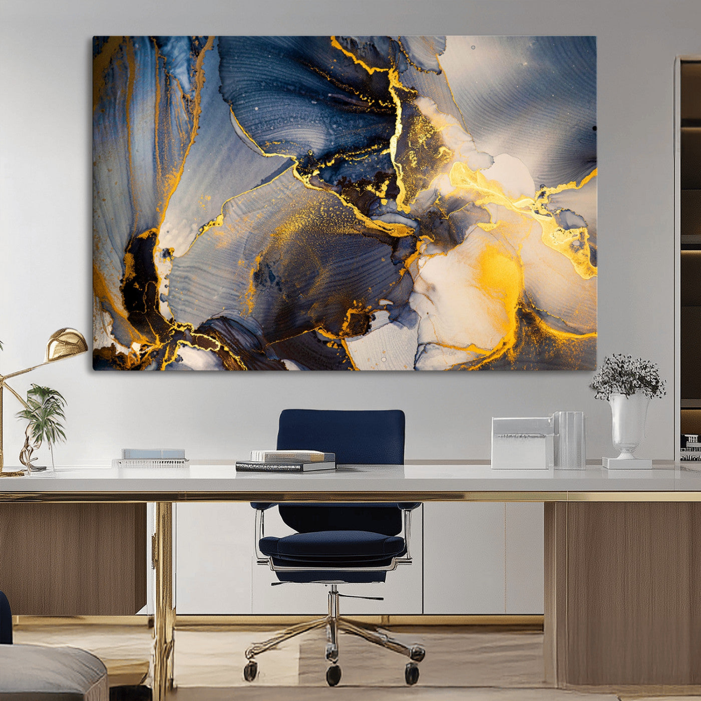 42100-MGV-CV-36X24-Large Abstract Wall Art Print - Gold and Blue Abstract Canvas Wall Art | Fluid Ink Modern Luxury