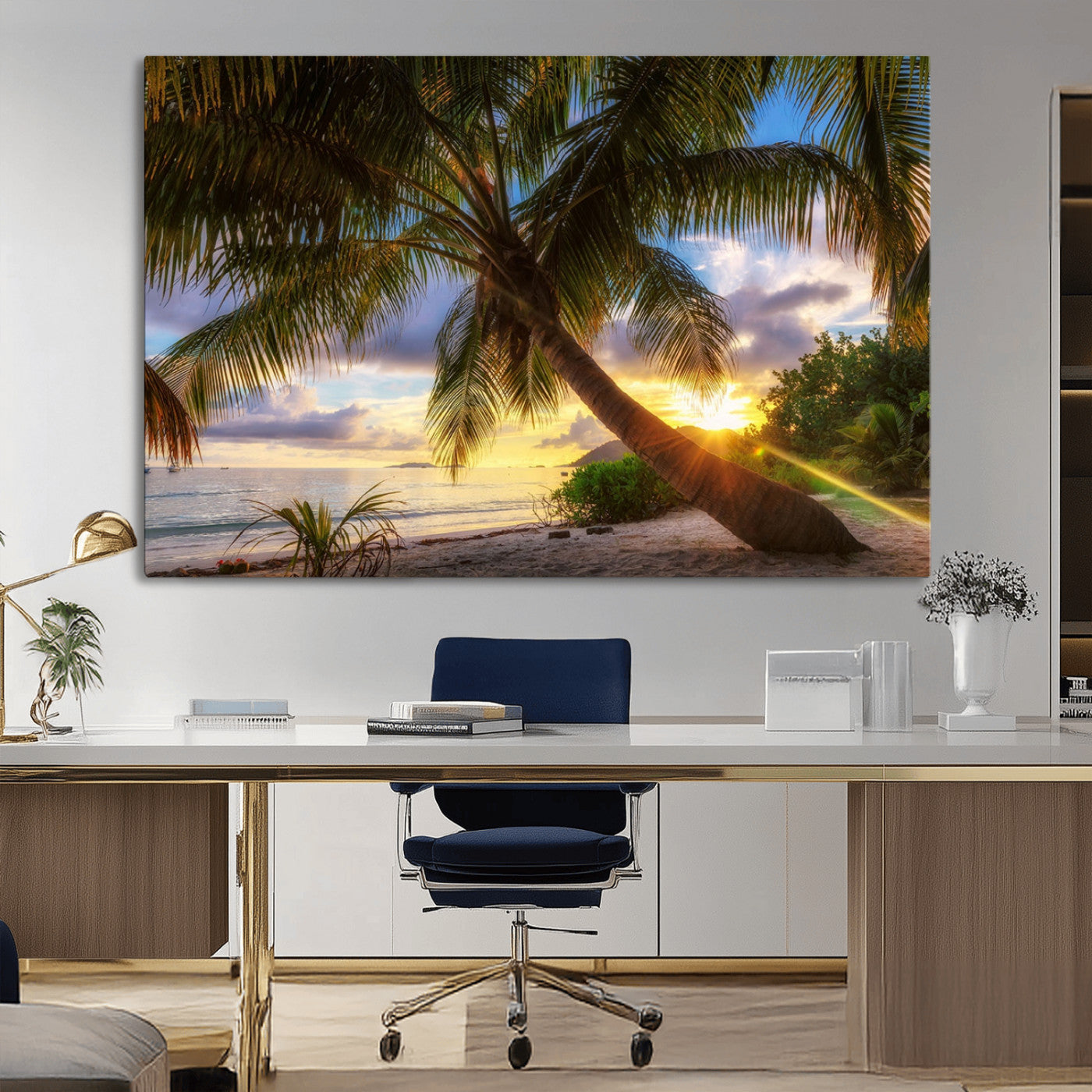 -Tropical Island Sunset on the Beach Palms Wall Art Canvas Print