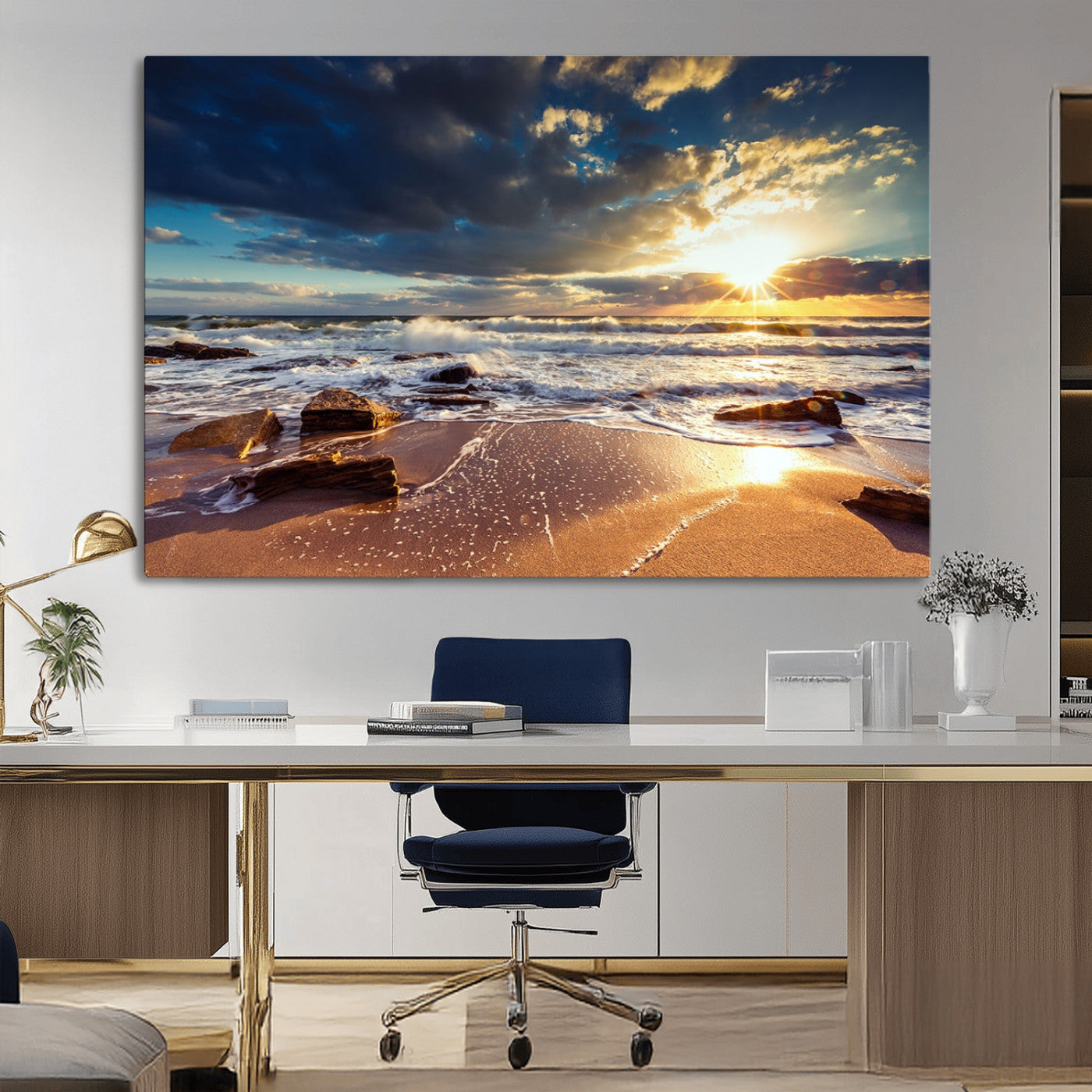 44481-MGV-CV-36X24-Golden Hour Beach Sunset Canvas Triptych, Ocean Waves and Rocks Wall Art for Coastal Home Decor