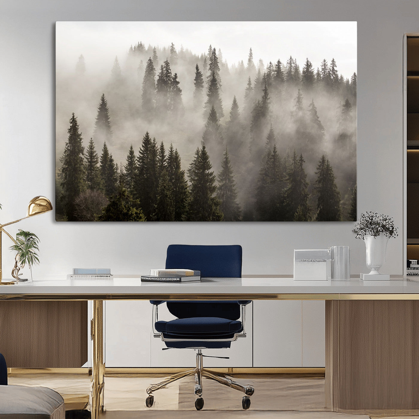 62862-MGV-CV-36X24-Foggy Mountain Wall Art | 3-Panel Foggy Forest and Mountain Landscape | Large Giclee Print for