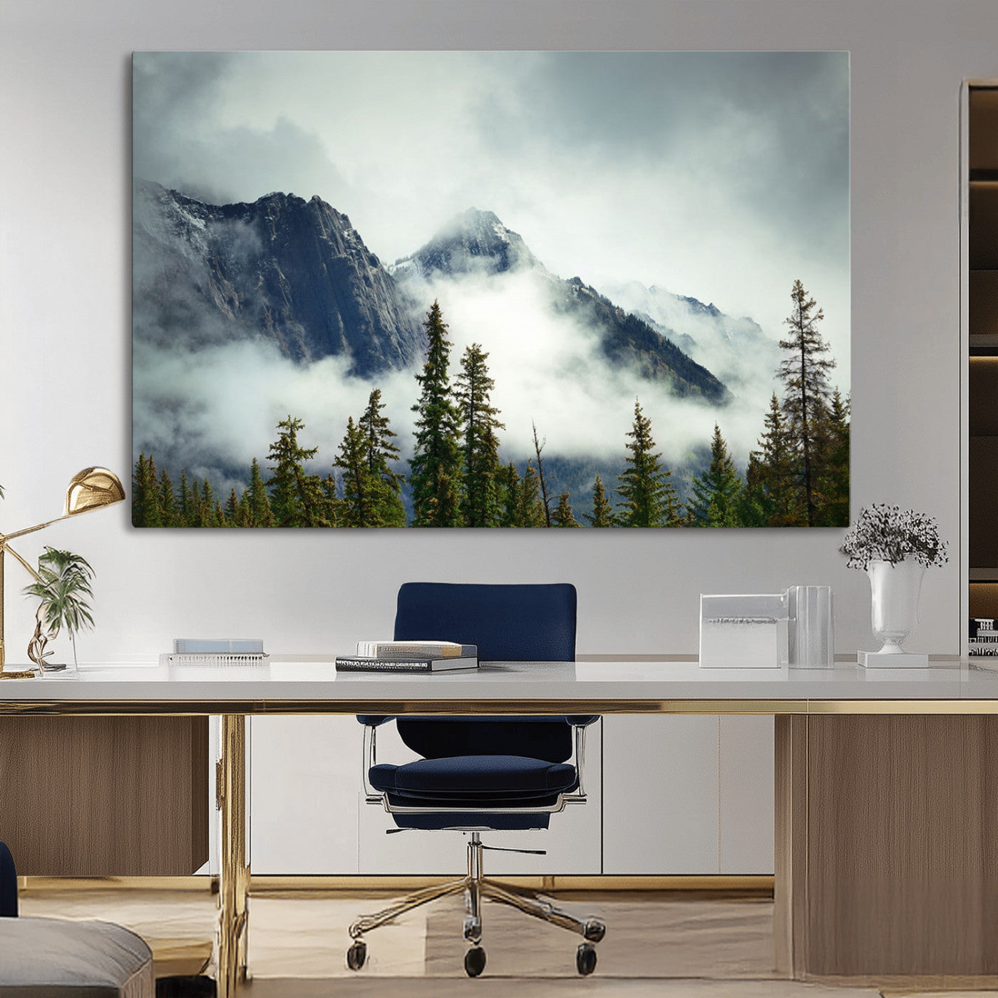 93219-MGV-CV-36X24-Mountain Mist Canvas Wall Art Print | 3-Panel Foggy Forest and Mountain Landscape | Large Giclee