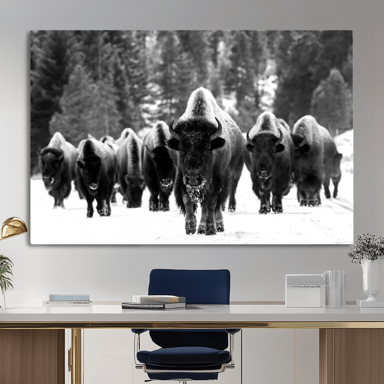 62434-MGV-CV-36X24 - Bison Herd in Snow Wall Art Canvas Print | Rustic Western Bison Wall Art for Decor for Living Room,