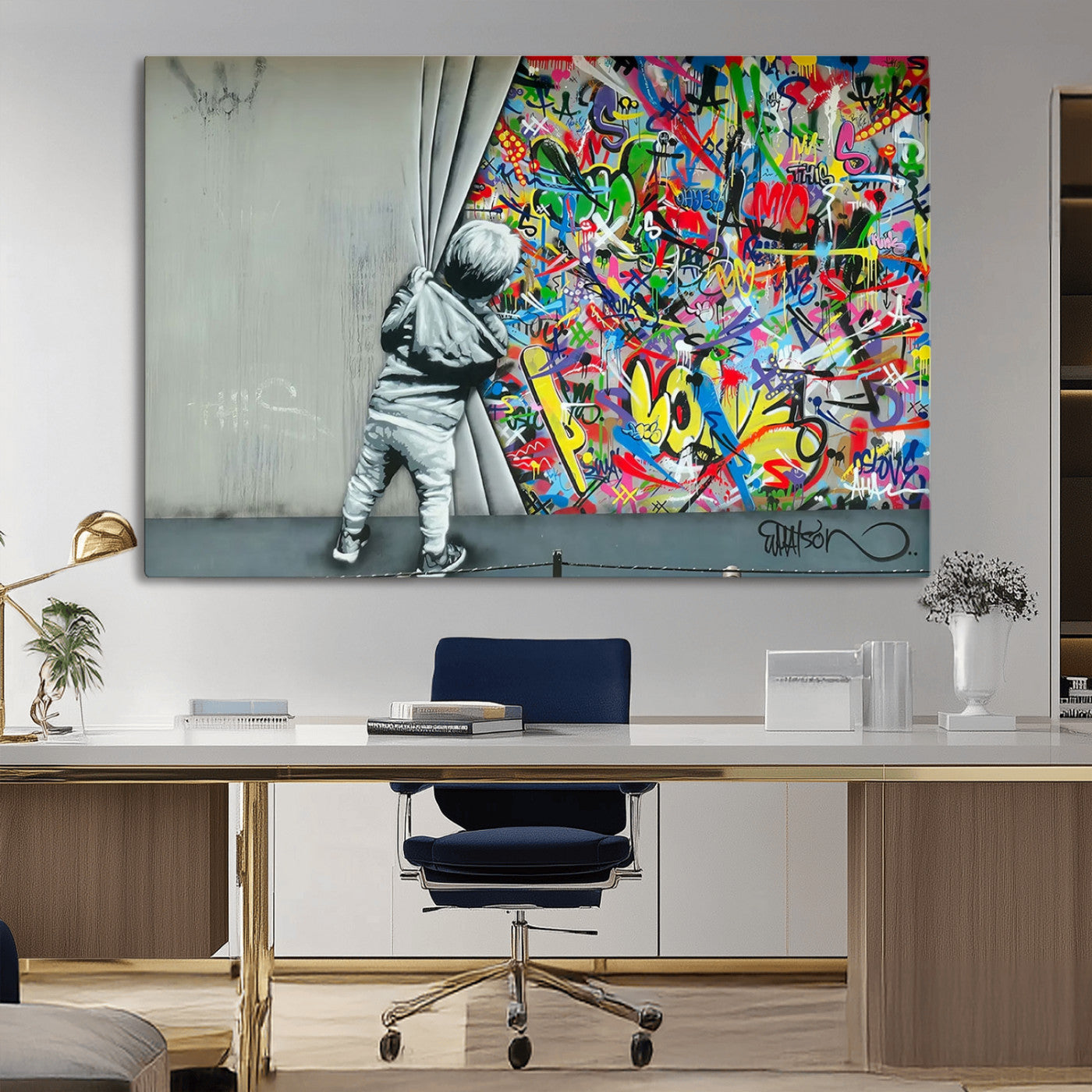 51713-MGV-CV-36X24-Banksy Colorful Street Graffiti Canvas Wall Art Print, Modern Art Triptych, Child and Graffiti Wall,