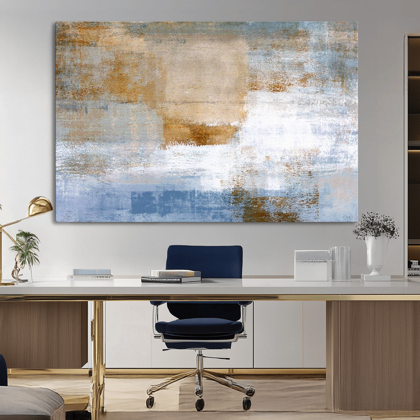 72354-MGV-CV-36X24-Blue Multi Panel Abstract Wall Art Canvas, Abstract Blue and Gold Canvas Print