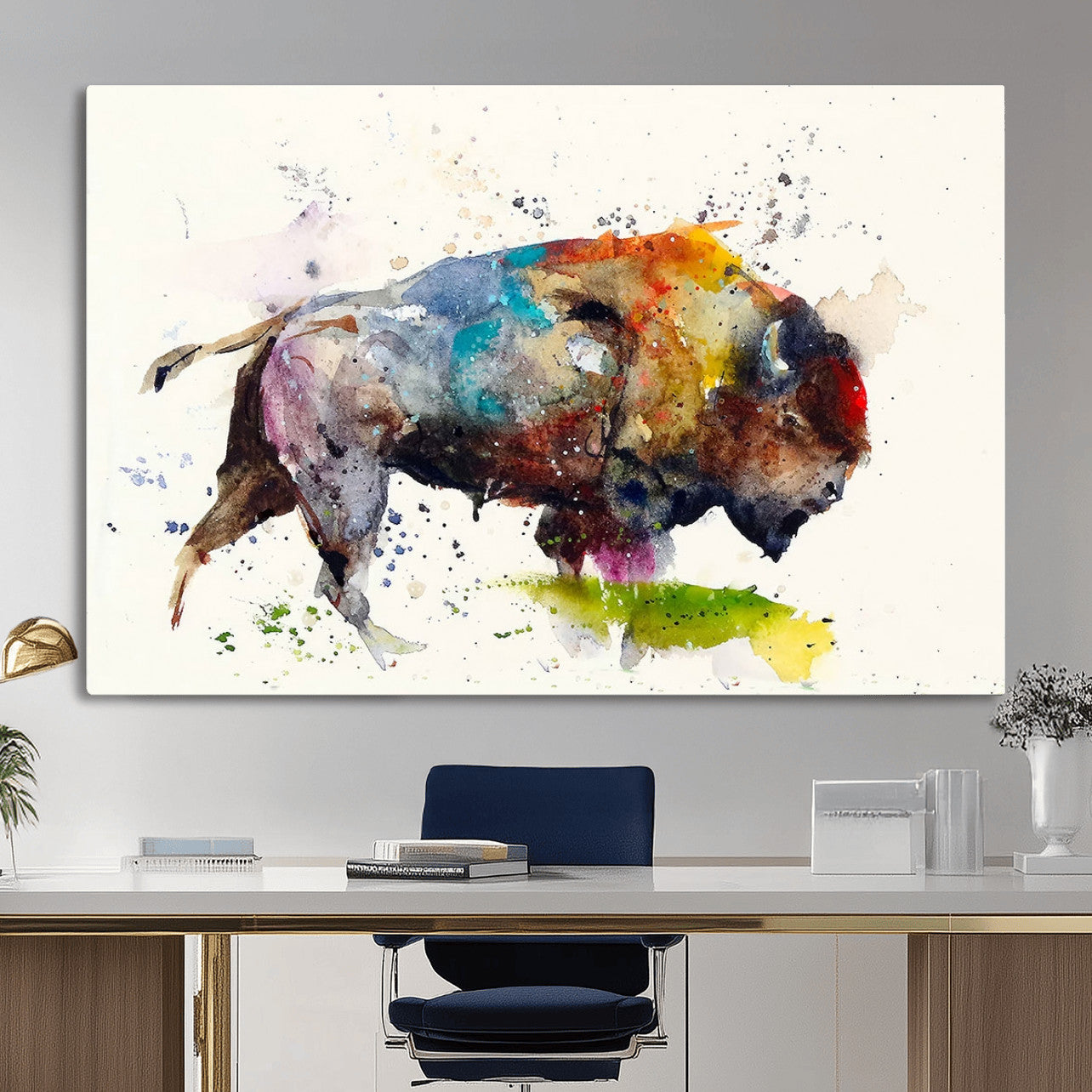 44504-MGV-CV-36X24 - Abstract Buffalo Wall Art, Western Watercolor Bison Canvas Print, Rustic Buffalo Art for Cowboy and
