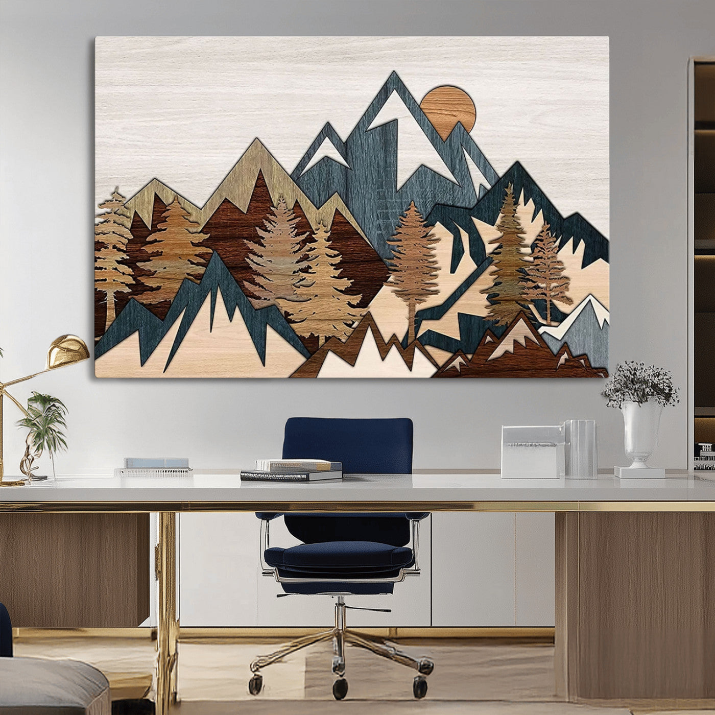 67950-MGV-CV-36X24-Rustic Abstract Wood Panel Effect Canvas Mountain Range Top Wood Wall Art Canvas Print