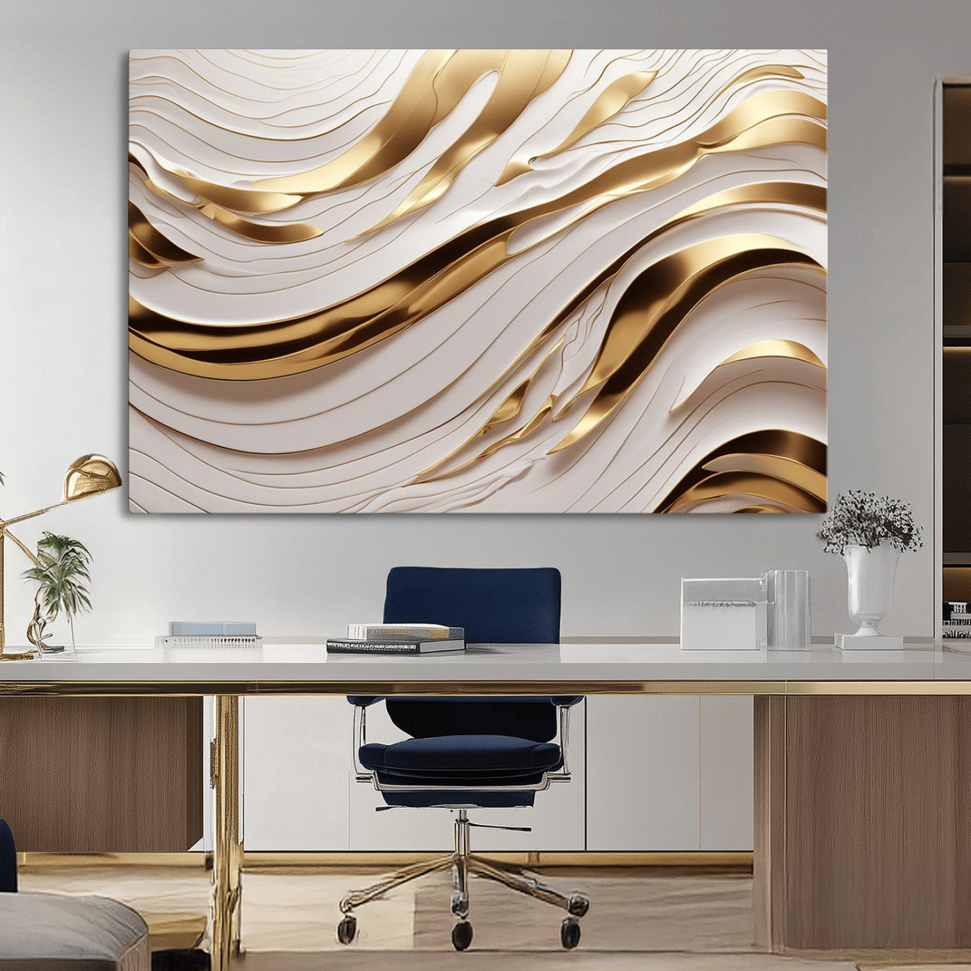 81197-MGV-CV-36X24-Gold and White Abstract Wave Canvas – Elegant Flowing Design with Luxurious Golden Accents –