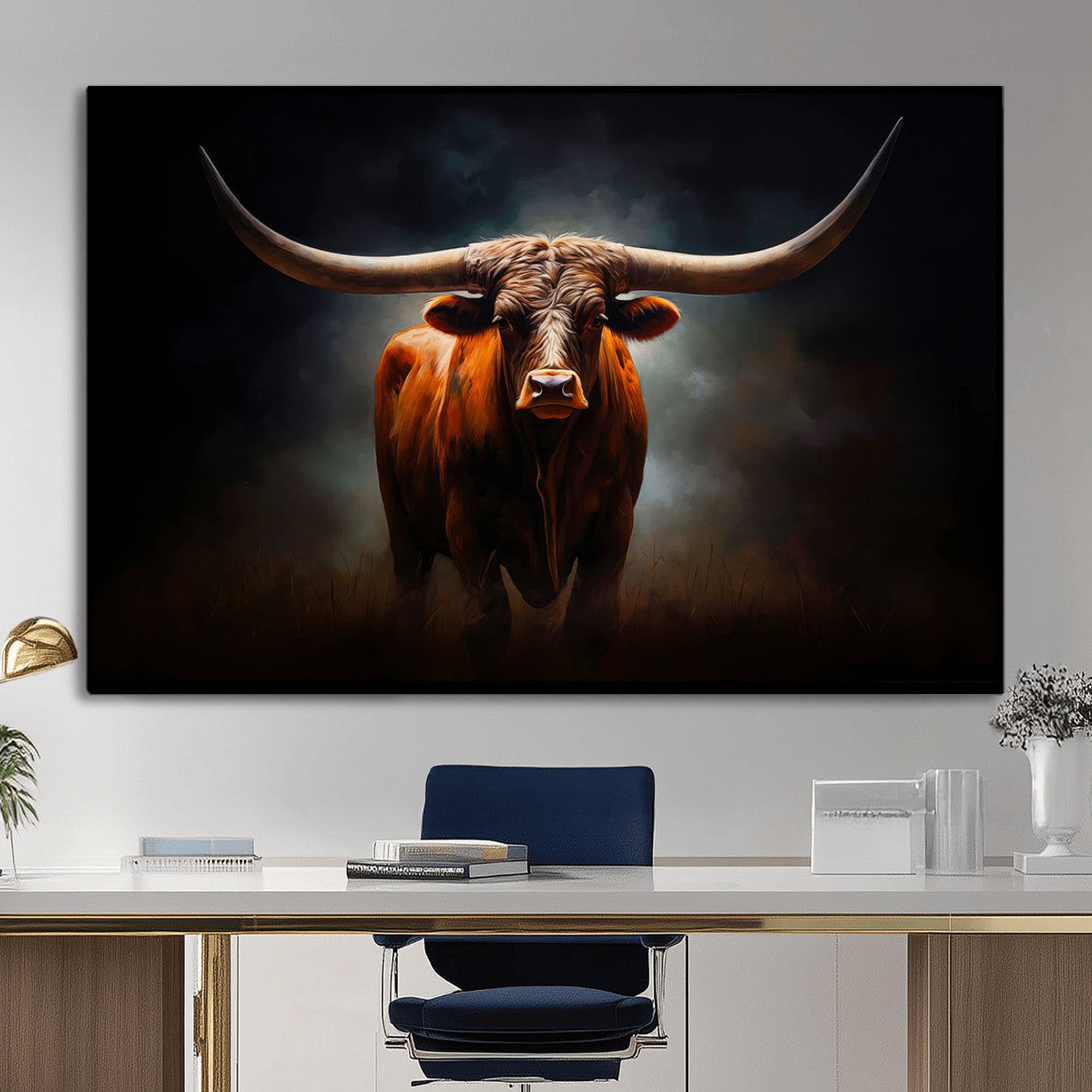 48896-MGV-CV-36X24 - Abstract Texas Longhorn Wall Art Print | 3-Panel Large Texas Longhorn Canvas Print for Living Room,
