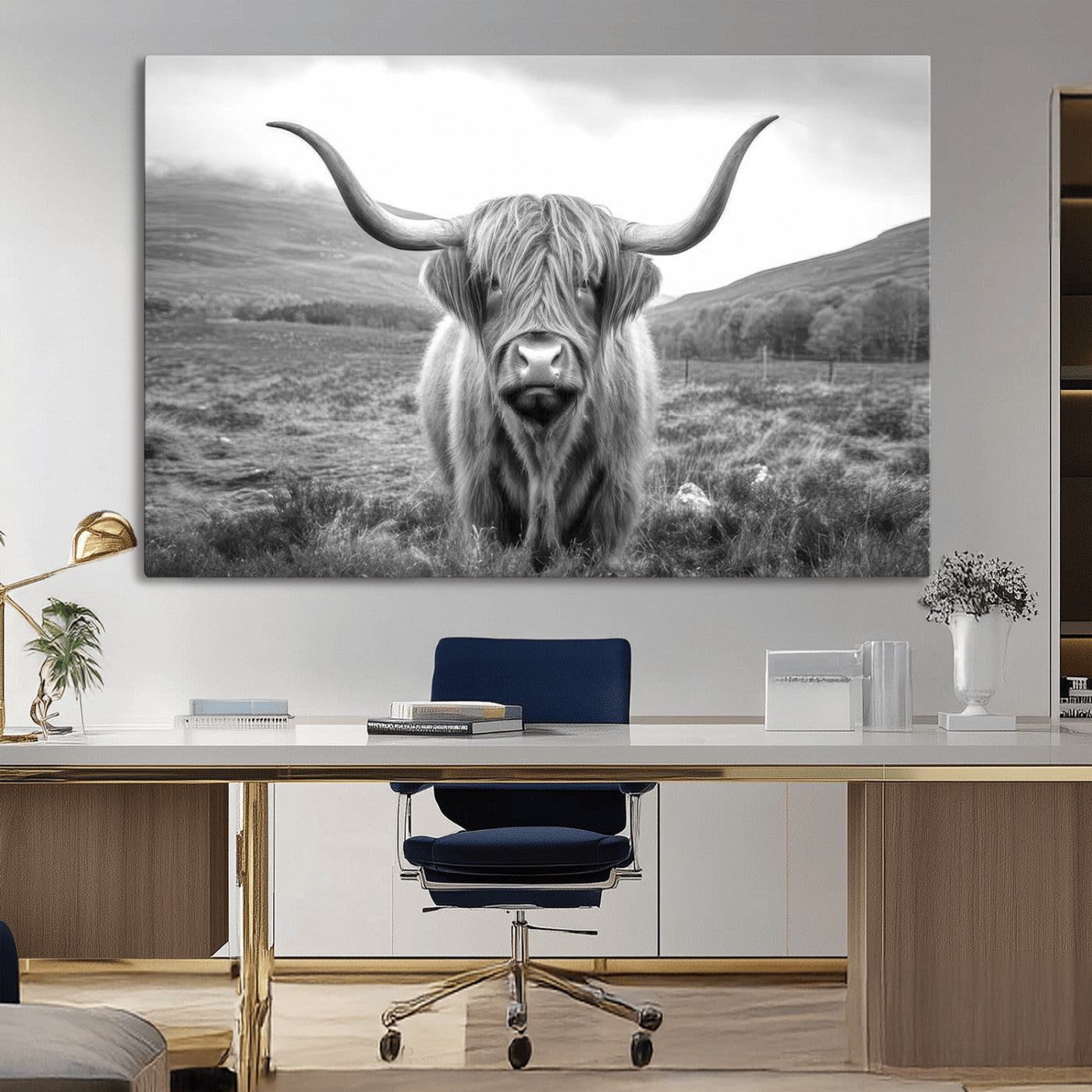 -Black White Scottish Highland Cow Canvas Farm Wall Art Canvas Print Rustic Animal Art for Home, Office Decor