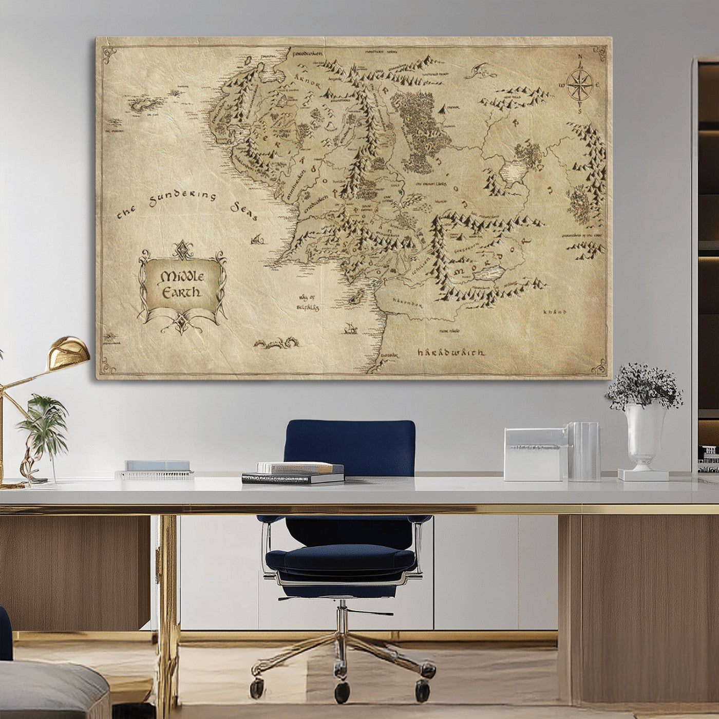21784-MGV-CV-36X24-Vintage Middle Earth Map Wall Art Canvas – Lord of the Rings Inspired Framed Map Print, Classic Fantasy Decor for Home, Office