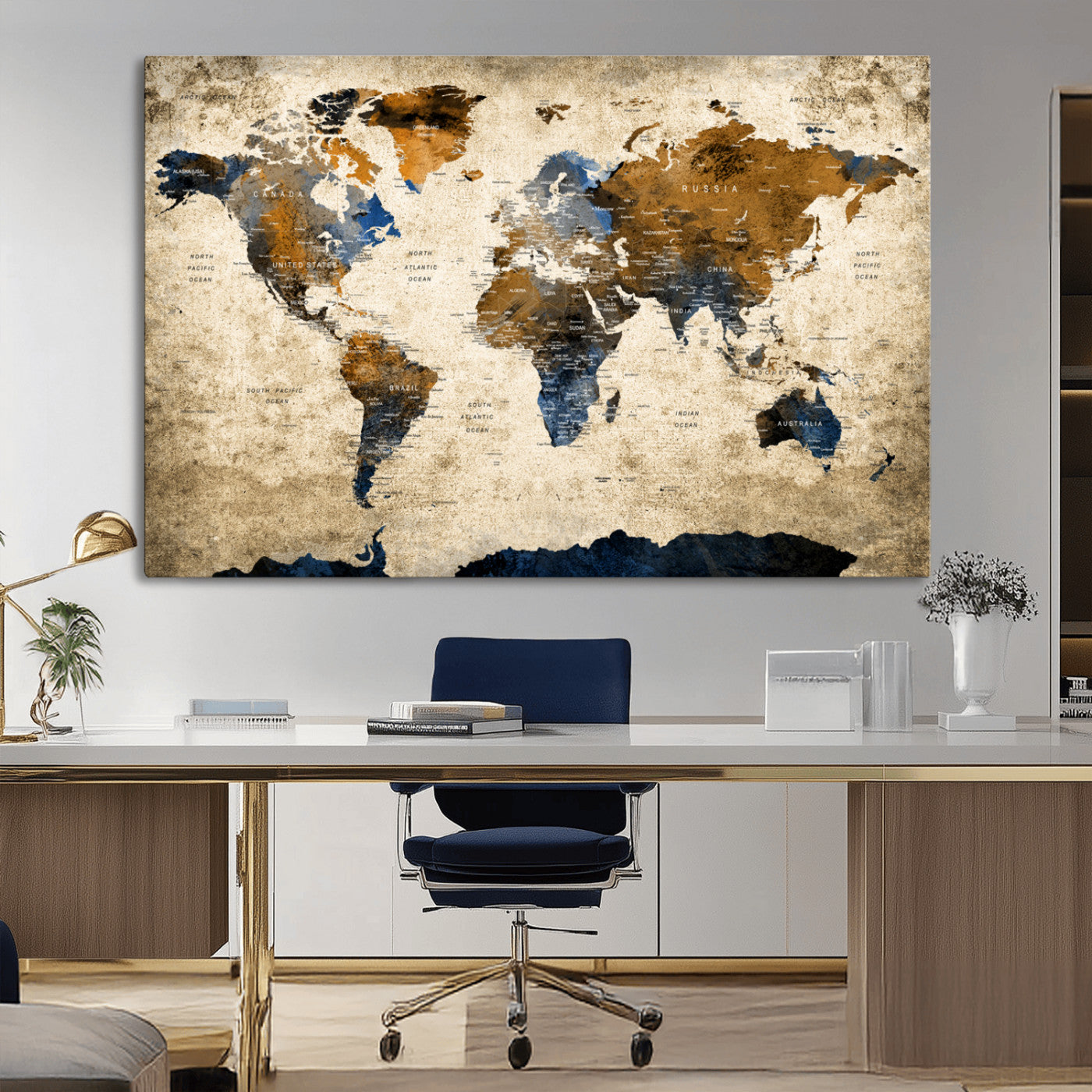 51140-MGV-CV-36X24-World Map Wall Art – Rustic Earth Tone Canvas Print, Antique Travel Map Design for Living Room, Office or Study, Classic Adventure Decor