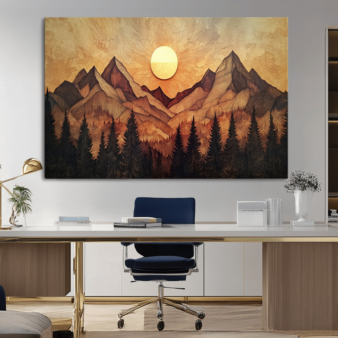 71340-MGV-CV-36X24-Wood Style Abstract Mountain Sunset Canvas Wall Art Print - Warm Earth Nature-Inspired Decor for