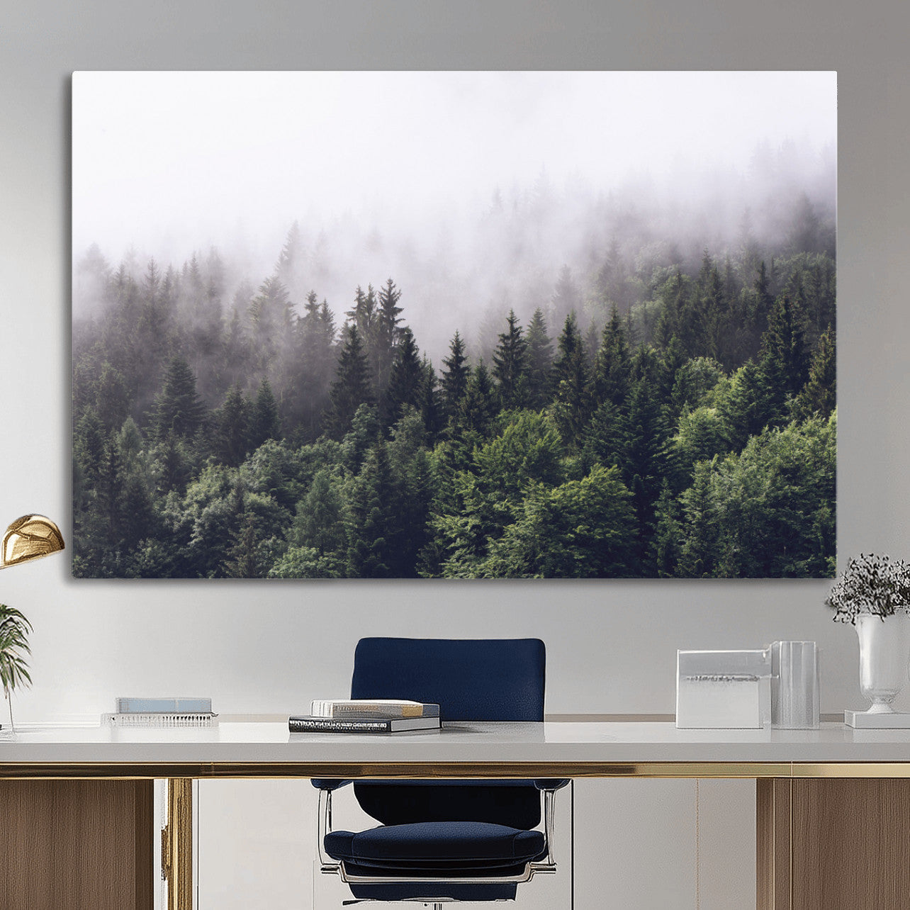 42578900-MGV-CV-36X24 - Misty Forest Wall Art | Foggy Forest Canvas Print | Large Nature-Inspired Misty Tree Landscape for