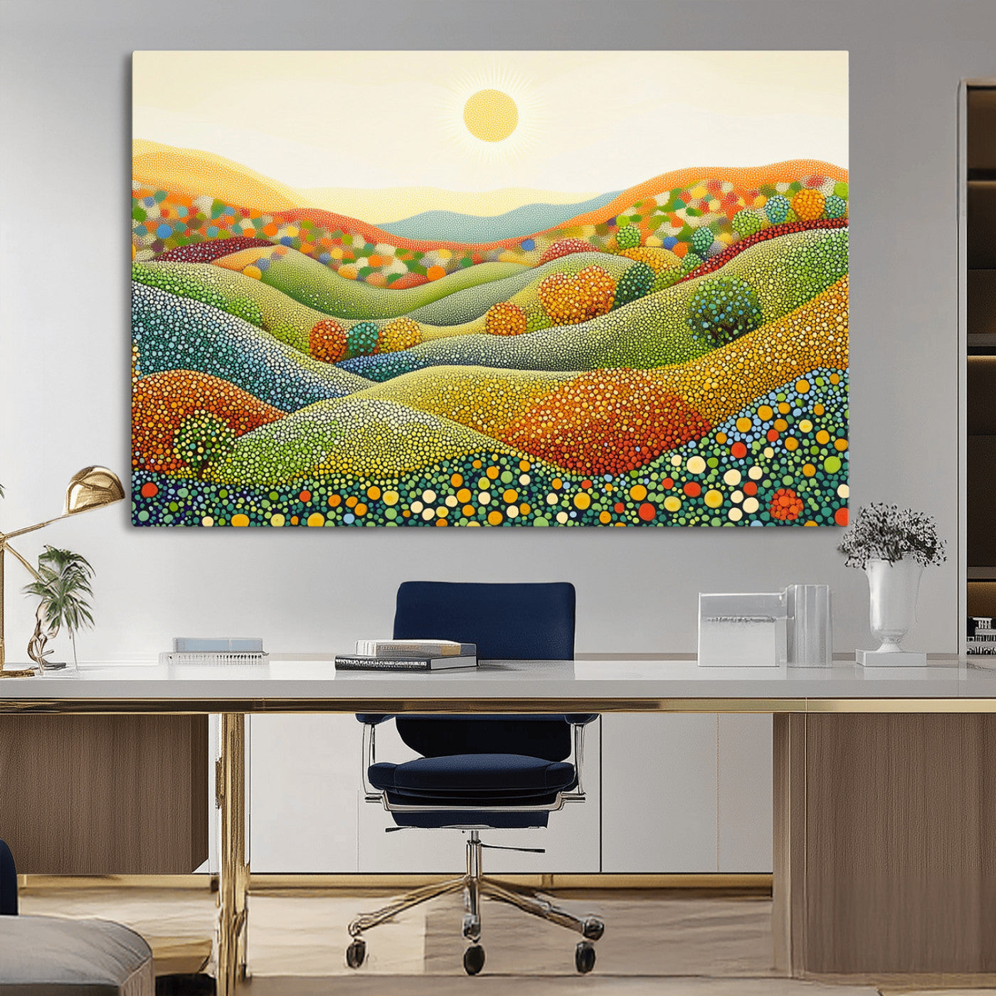 27683-MGV-CV-36X24-YAYOI KUSAMA Colorful Dot Art Landscape Canvas - Framed Abstract Pointillism Inspired by Nature with