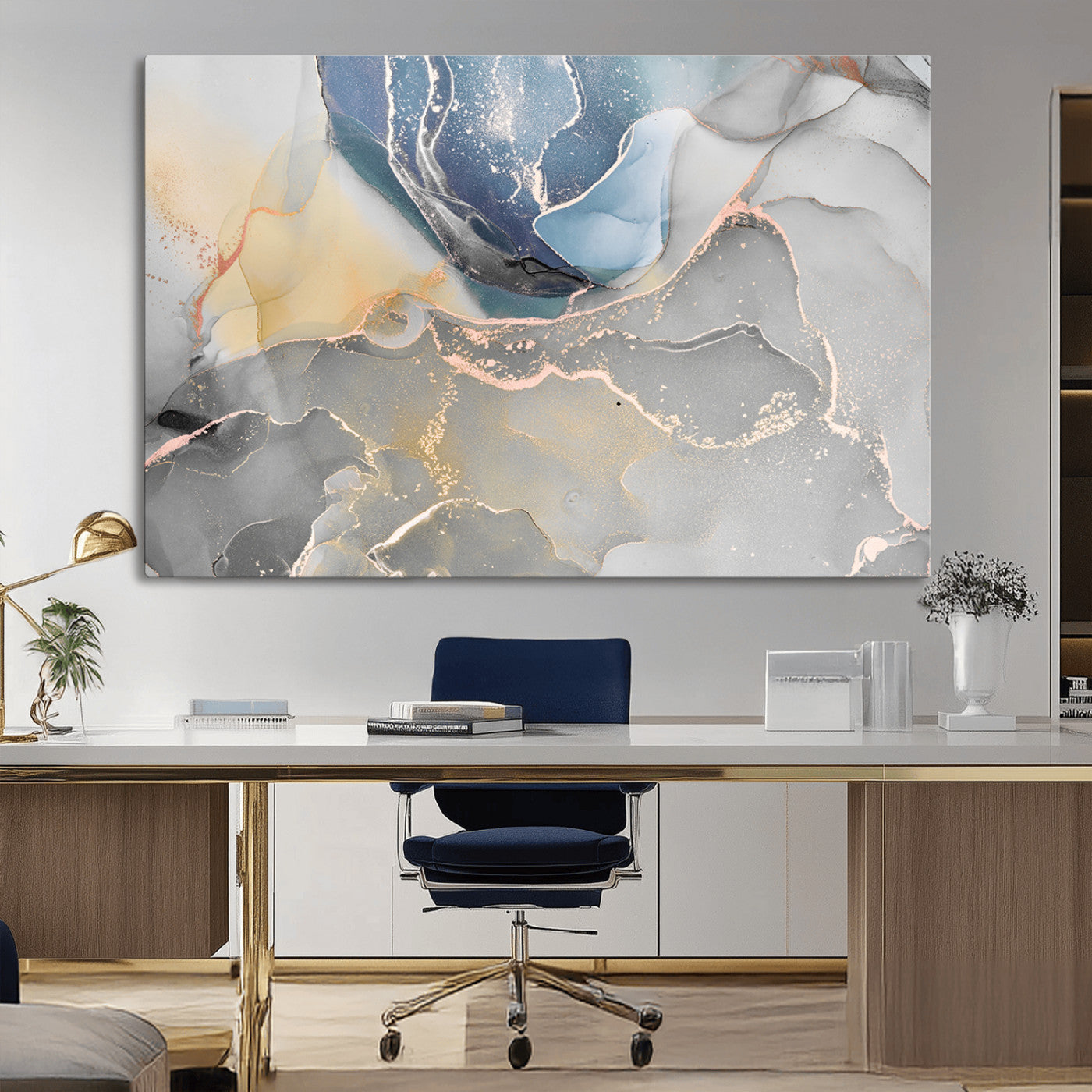 18176-MGV-CV-36X24-Large Abstract Blue and Gold Canvas Wall Art | Fluid Ink Artwork Print | Luxury Wall Decor for