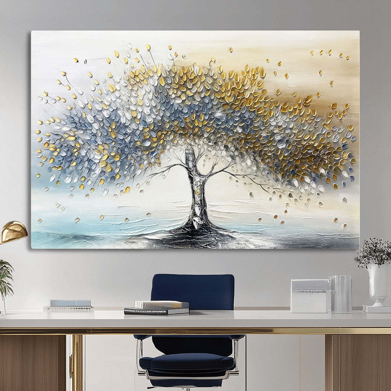MGV-CV-36X24 - Golden & Silver Tree of Life Wall Art – Canvas Print with Whimsical Leaves Elegant Nature Design, Decorative Home, Office or Guest Room Decor