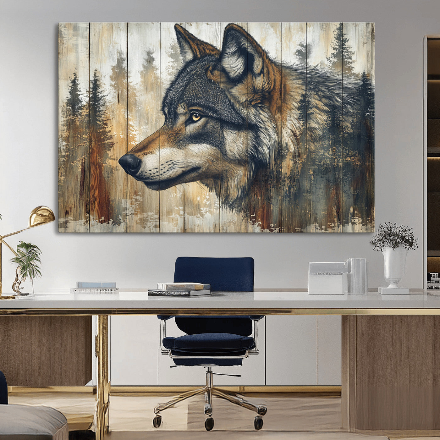 91882-MGV-CV-36X24-Rustic Wolf Wall Art Canvas Print, Vintage Woodland Wolf Wall Art