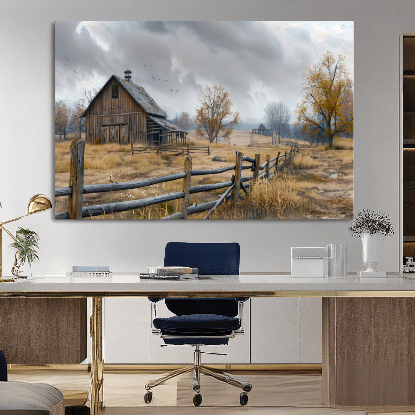 -Rustic Autumn Farmhouse Wall Art Canvas Print – Serene Countryside Scene with Weathered Barn and