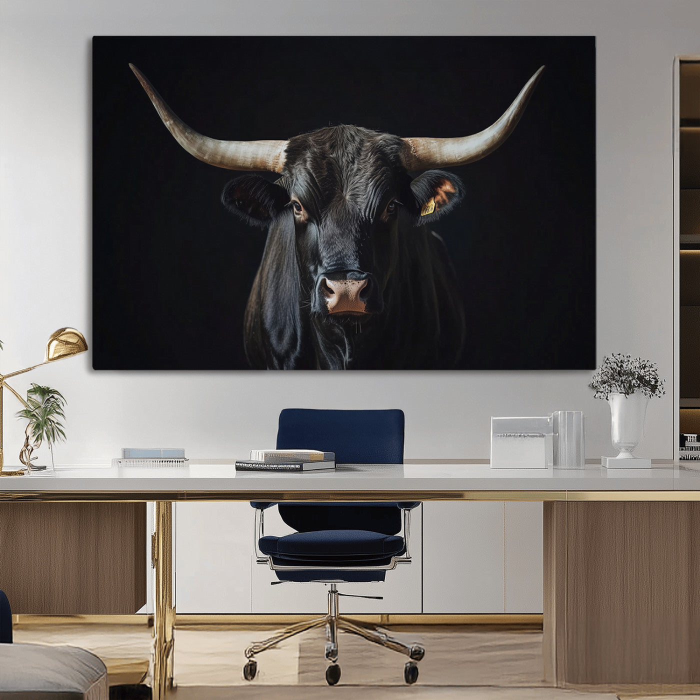 48065167-MGV-CV-36X24-Majestic Longhorn Bull Wall Art Canvas Print – Dark Background Western Ranch Portrait Artwork for Home, Office
