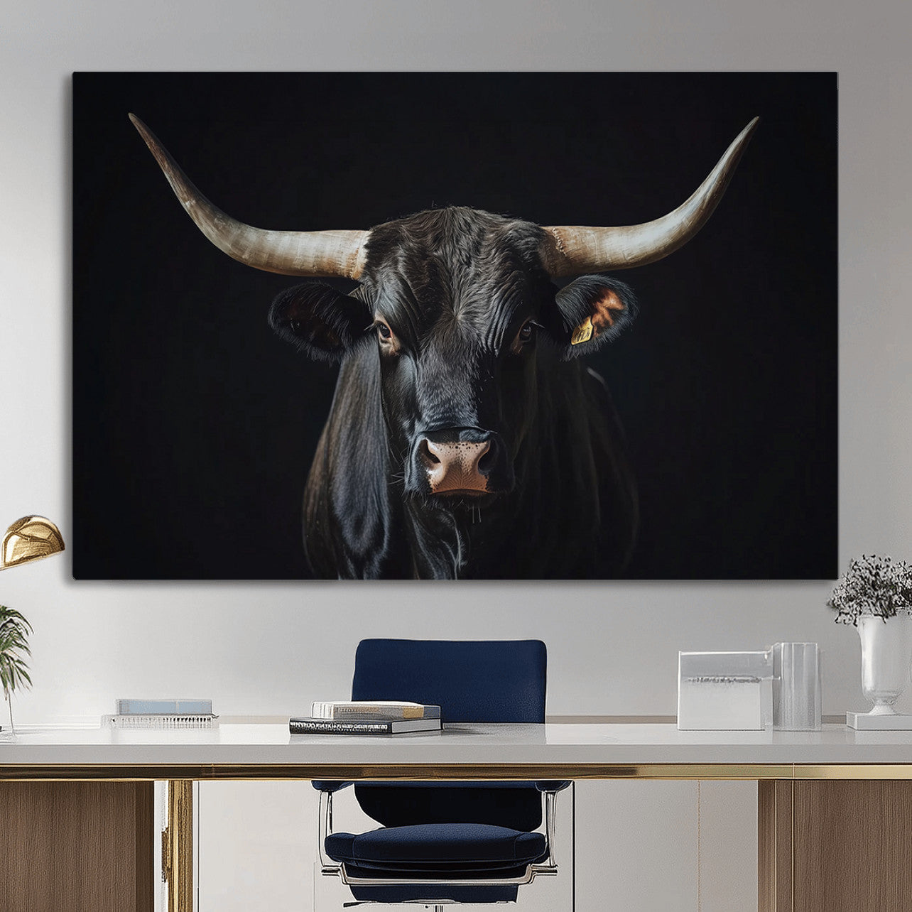 48065167-MGV-CV-36X24 - Texas Longhorn Bull Wall Art Canvas Print – Western Black Bull Art Print for Farmhouse Ranch Decor