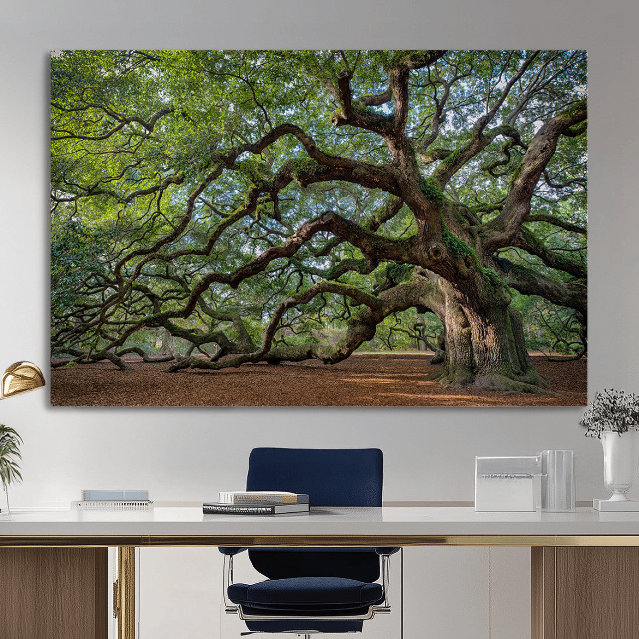 MGV-CV-36X24 - Ancient Oak Tree Wall Art – Canvas Print of Expansive Branches Lush Green Canopy, Tranquil Landscape, Majestic Nature Decor for Home or Office