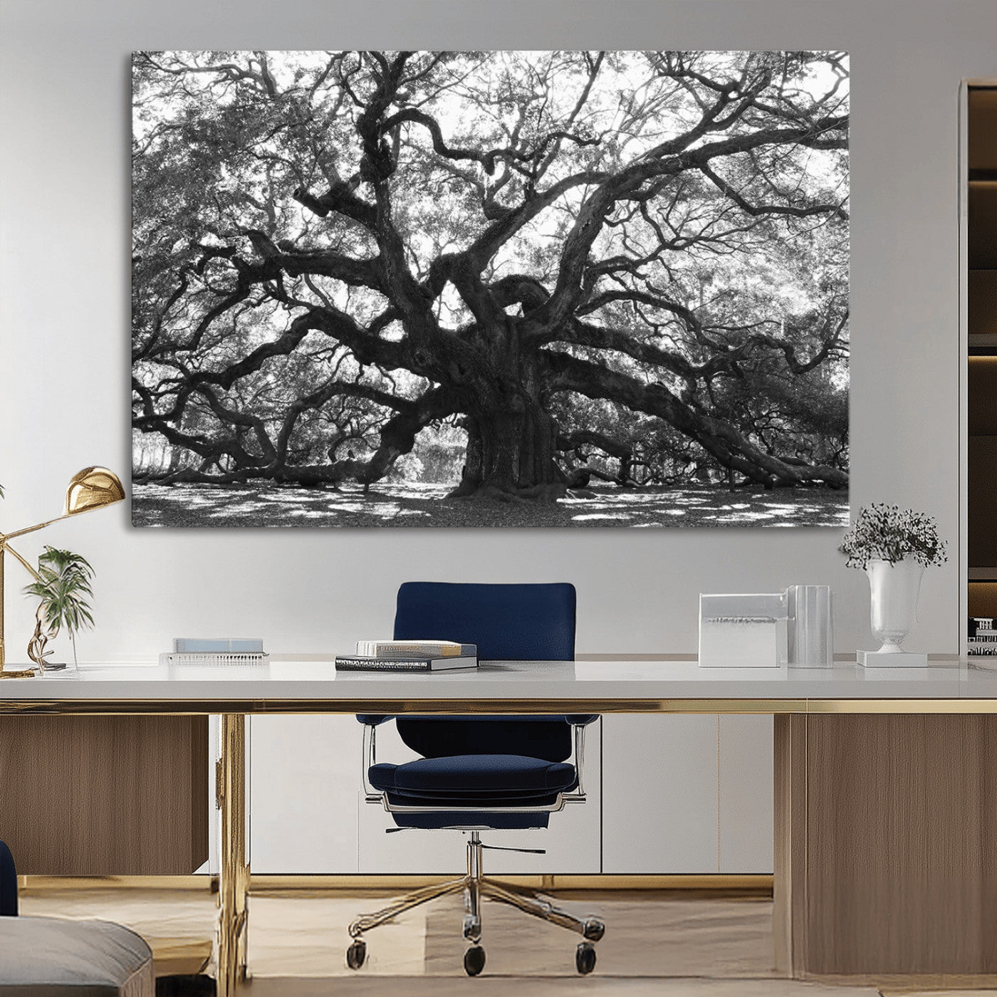 81655611-MGV-CV-36X24-Ancient Oak Wall Art Canvas Print – Gnarled Tree Twisted Branches Dramatic Sky Moody Nature Artwork for Home Office