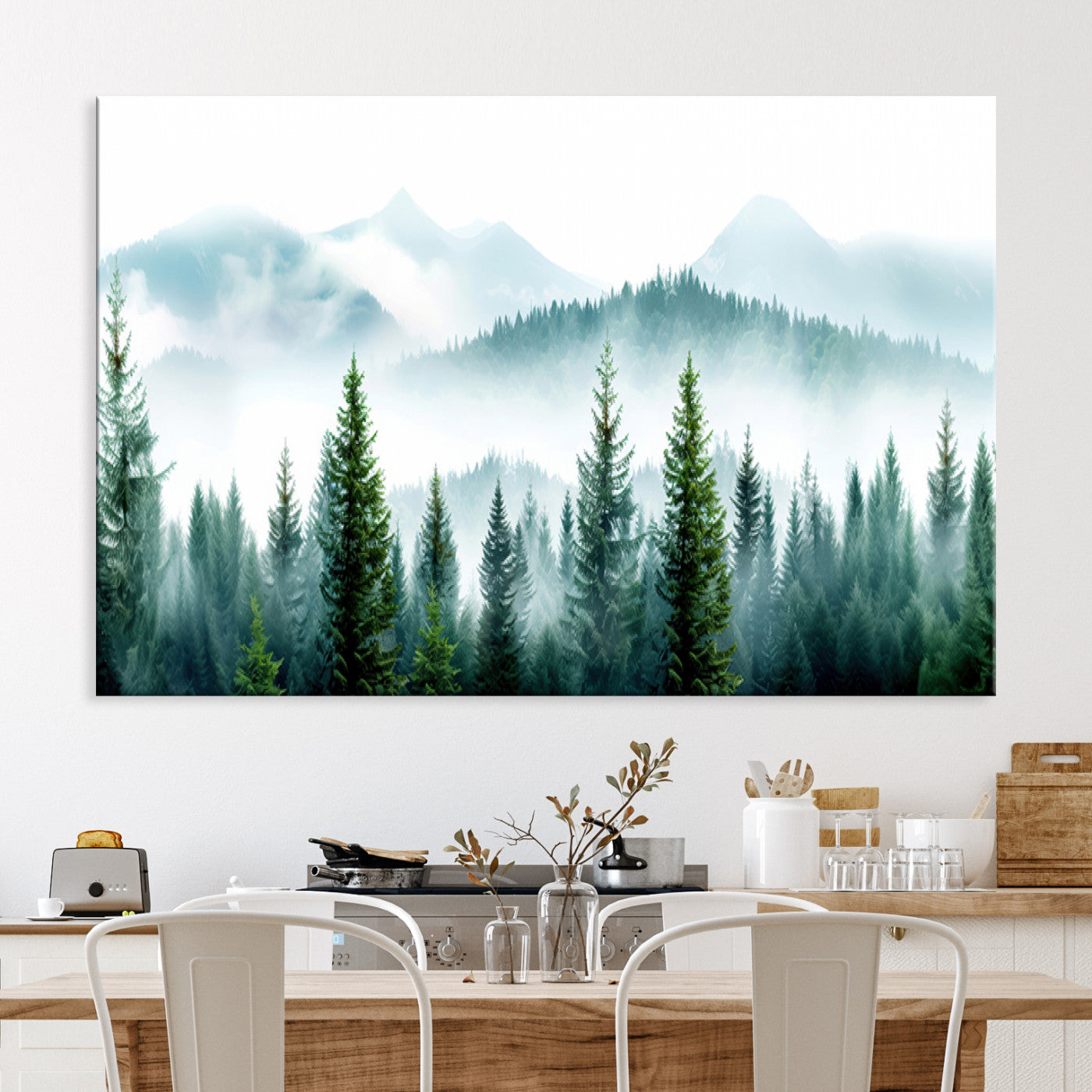 16716676-MGV-CV-36X24-Pine Forest Wall Art Canvas Print – Misty Mountains Foggy Trees Serene Woodland Nature Artwork for Home Office