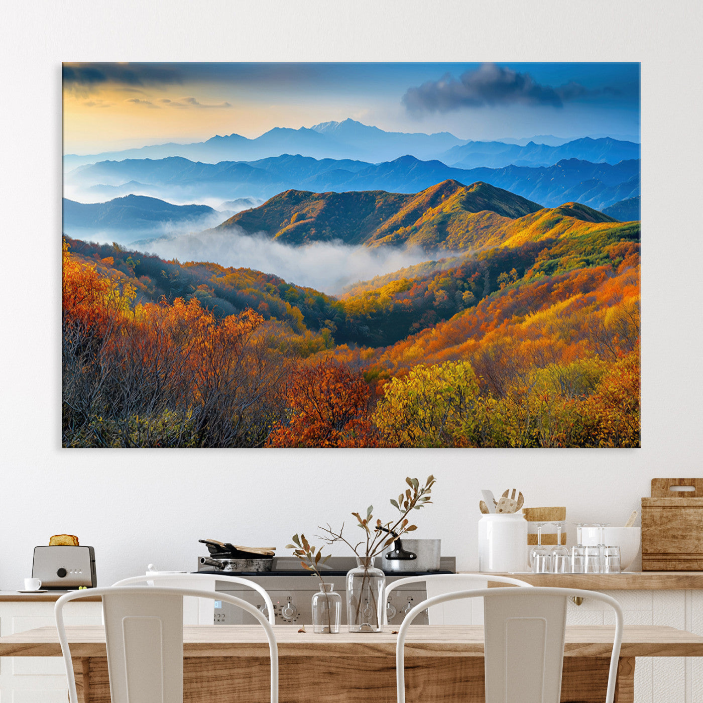-Autumn Mountains Wall Art Canvas Print, Autumn Mountain Foggy Landscape Wall Art Canvas Print,