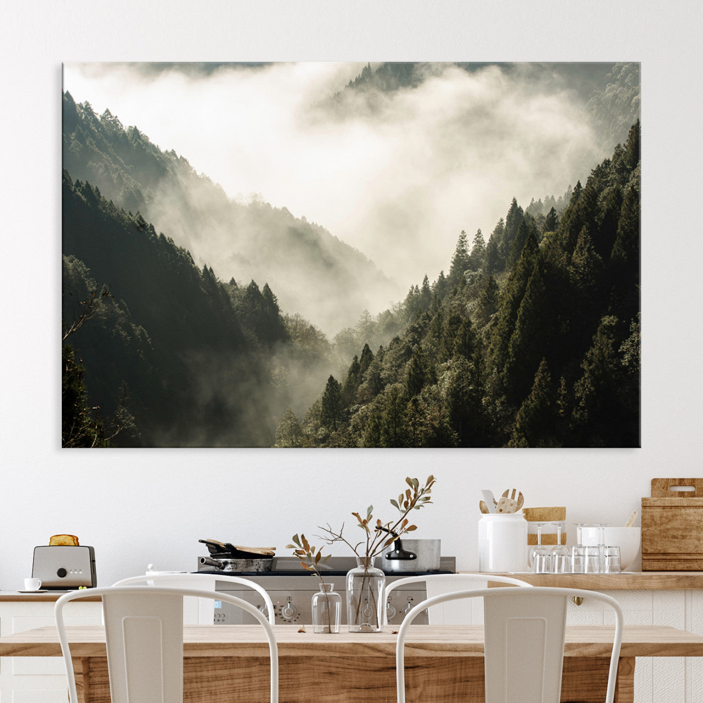 57570237-MGV-CV-36X24-Misty Valley Wall Art Canvas Print – Foggy Forest Pine Trees Serene Woodland Landscape Artwork for Home Office