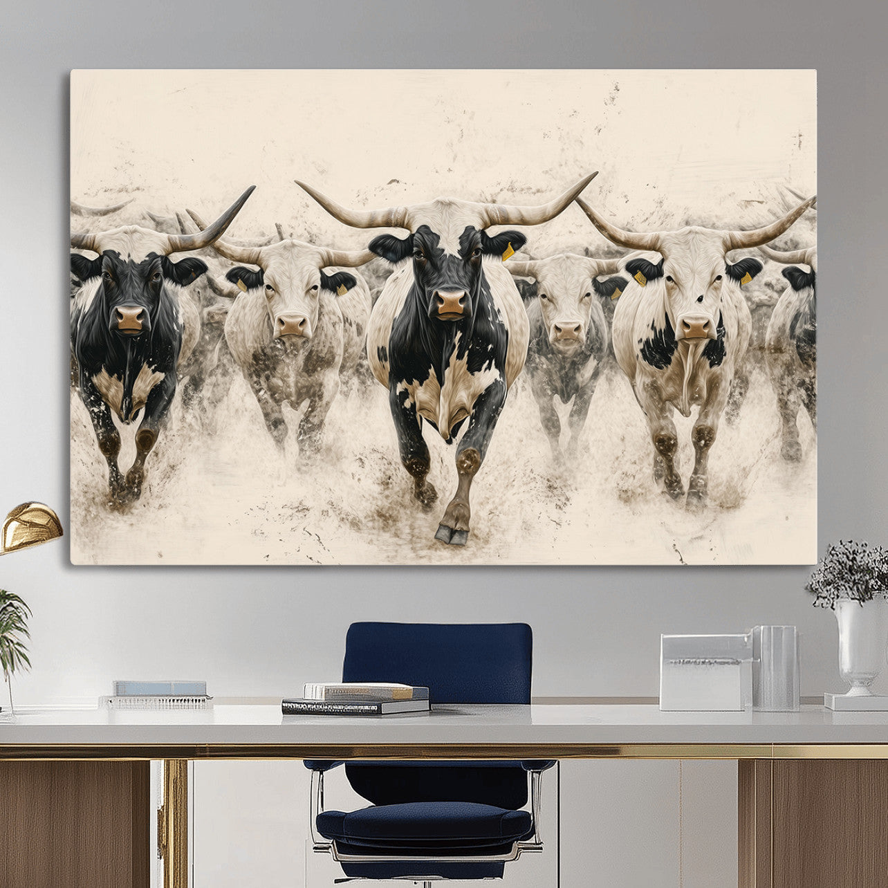 MGV-CV-36X24 - Cream Dust Longhorn Wall Art – Canvas Print of Western Herd Stampede, Dynamic Charge, Rustic Prairie Motion, Bold Nature Farm Decor
