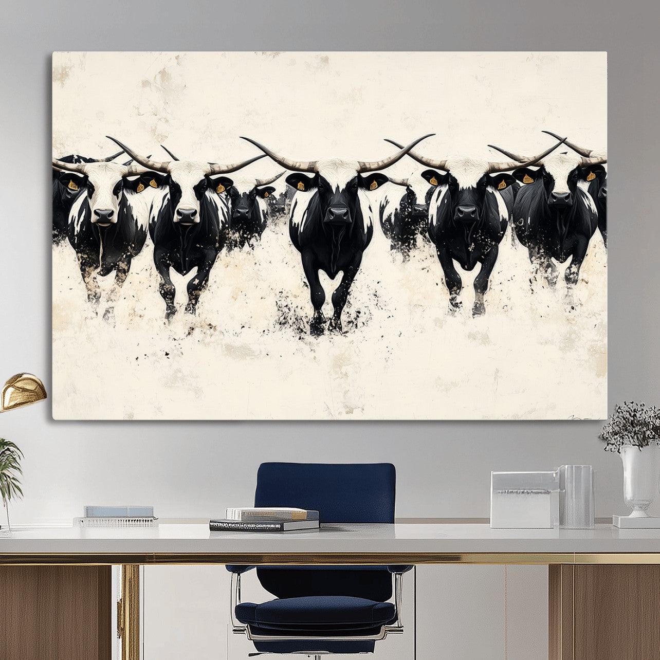 MGV-CV-36X24 - Longhorn Cattle Wall Art – Canvas Print of Herd in Motion, Symmetry and Ink Splatter, Minimalist Western Ranch, Bold Rustic Farm Decor