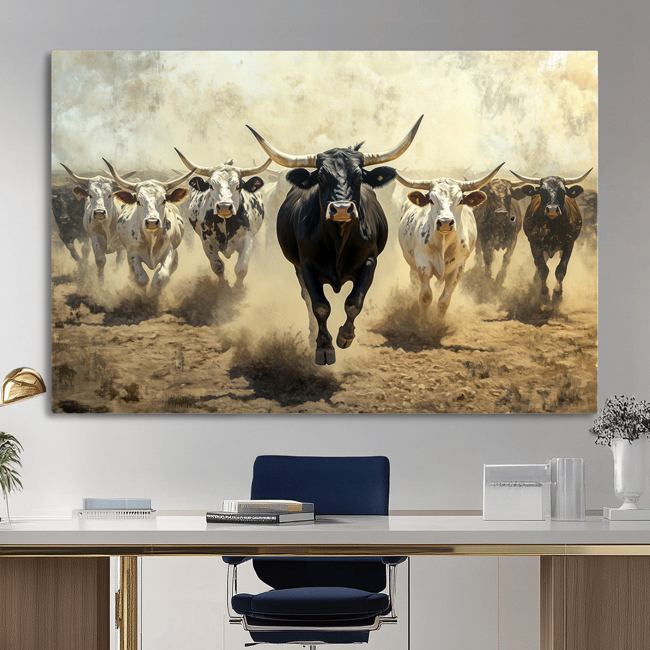 MGV-CV-36X24 - Running Cattle Wall Art – Canvas Print of Western Herd, Dust Stampede, Longhorns, Wild West Ranch, Bold Rustic Farm Decor for Home or Office