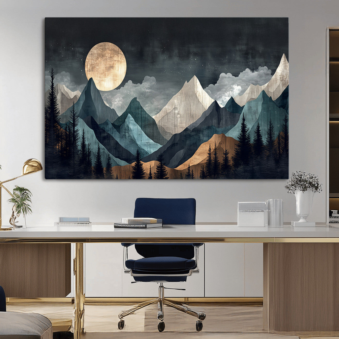 11060882-MGV-CV-36X24-Moonlit Mountain Wall Art Canvas Print – Silhouetted Pines Layered Peaks Tranquil Sky Mist Silver Light Nature Artwork for Home