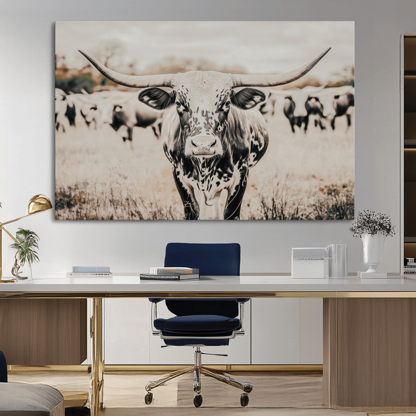 -Texas Longhorn Wall Art Canvas Print, Framed Speckled Cow Art Picture Print, Horned Cattle Perfect Rustic Western Decor Artwork