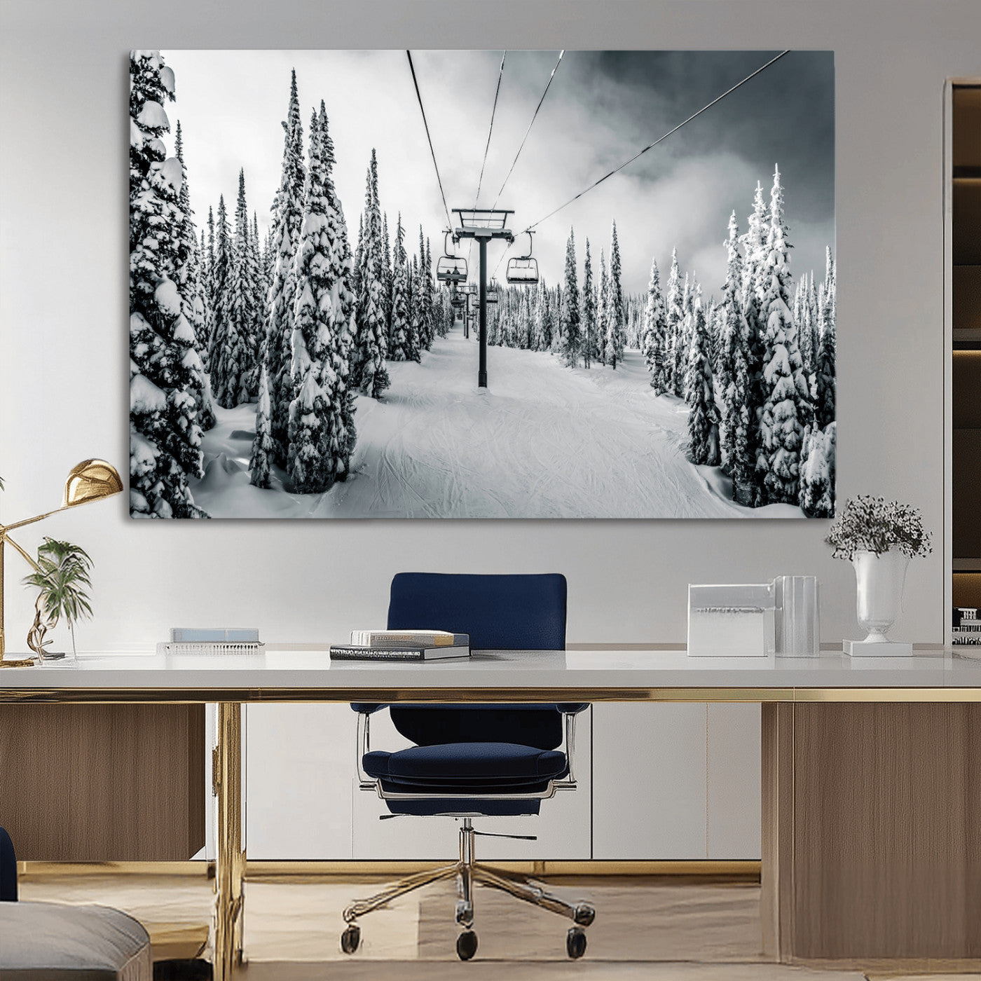 31156828-MGV-CV-36X24-Snowy Pines Wall Art Canvas Print – Framed Ski Lift Winter Forest Snowy Landscape Moody Lodge Artwork for Home, Office