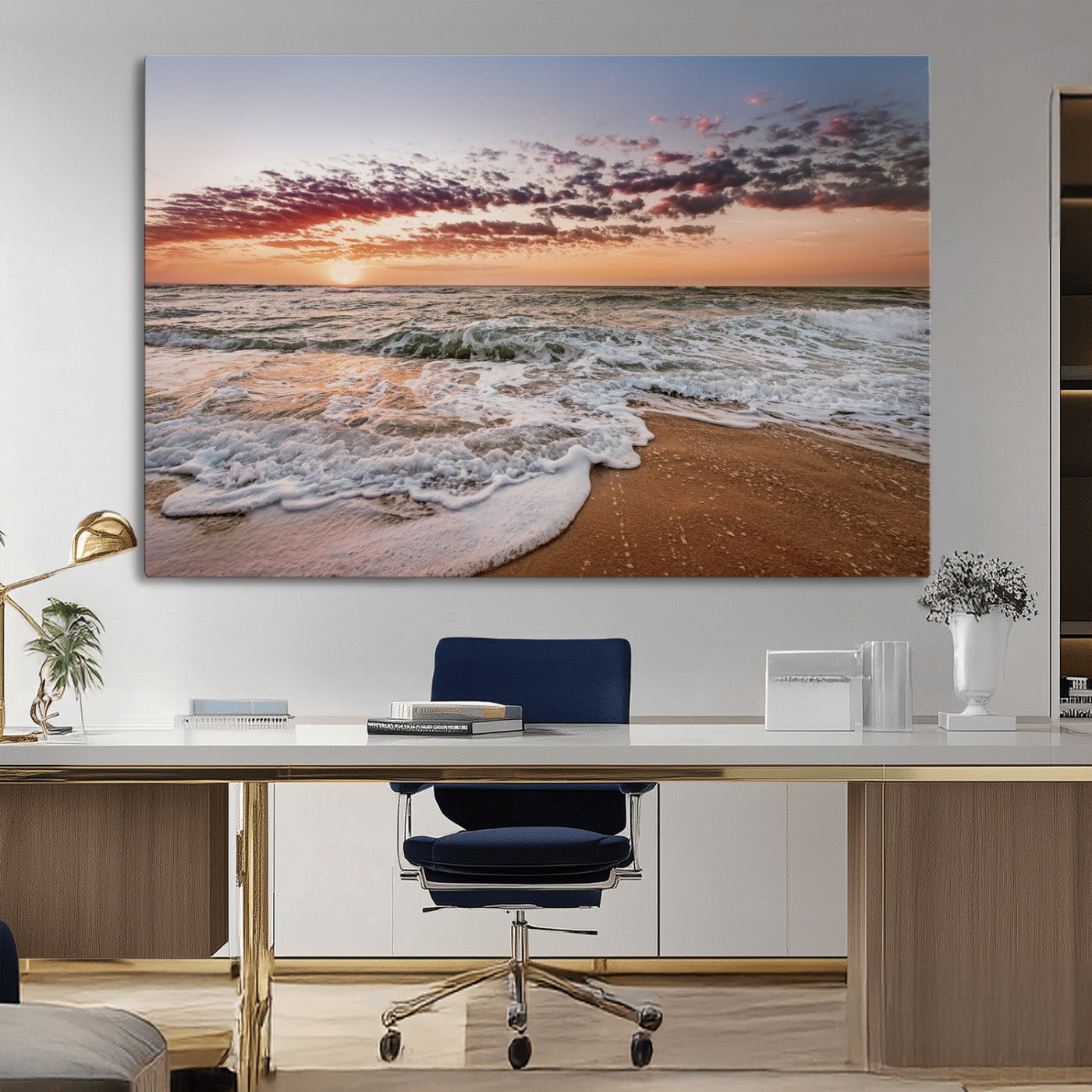 39846389-MGV-CV-36X24-Ocean Sunset Wall Art Canvas Print – Framed Sandy Shore Gentle Waves Coastal Landscape Minimalist Artwork for Home, Office